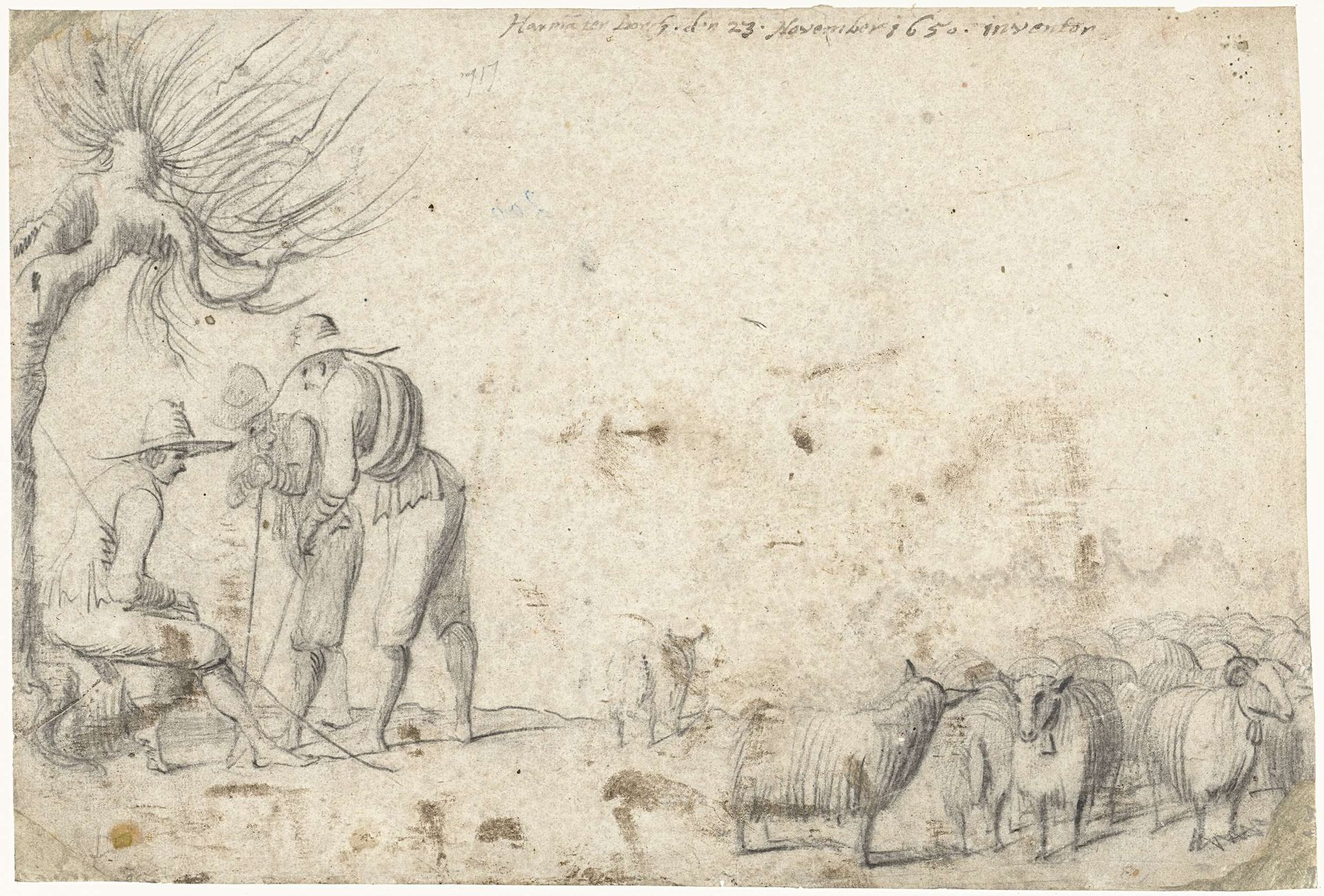 Drie herders in gesprek naast een kudde schapen by Harmen ter Borch