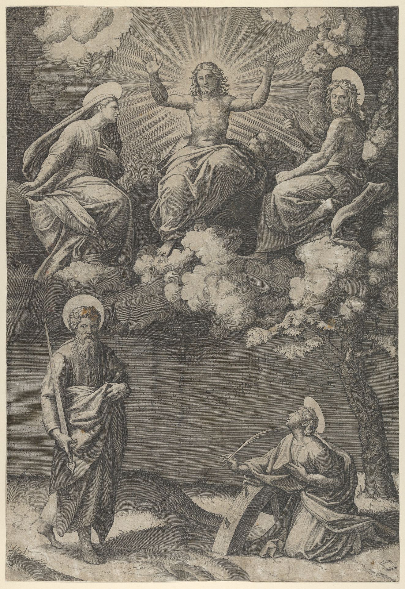 Christ flanked by the Virgin and St. John in the upper section, St. Paul and St. Catherine below by Marcantonio Raimondi