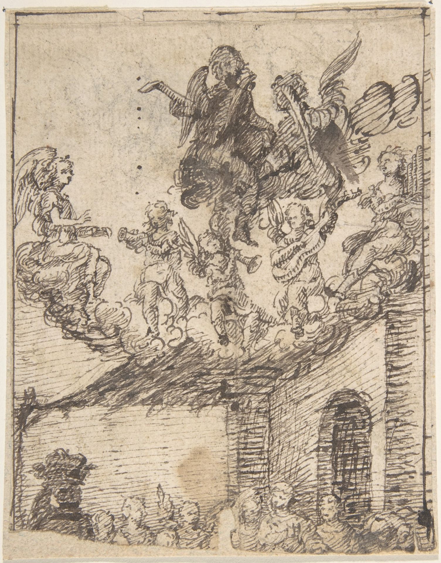 Fragment of Nativity Scene with Music-Making Angels on Clouds Above by Anonymous