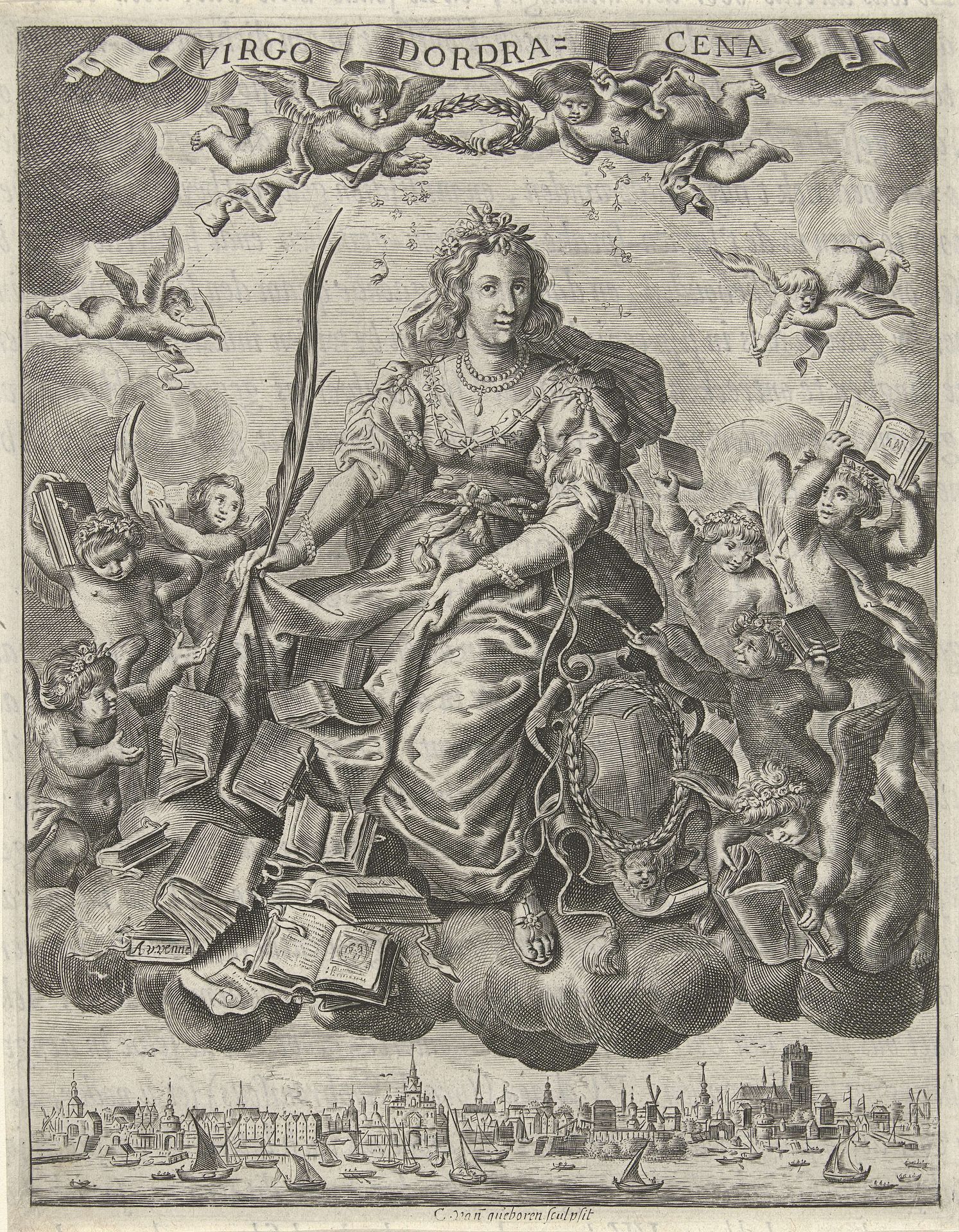 Titelpagina voor 's Werelts begin, midden, eynde besloten in den trov-ringh van Jacob Cats by Crispijn van den Queborn