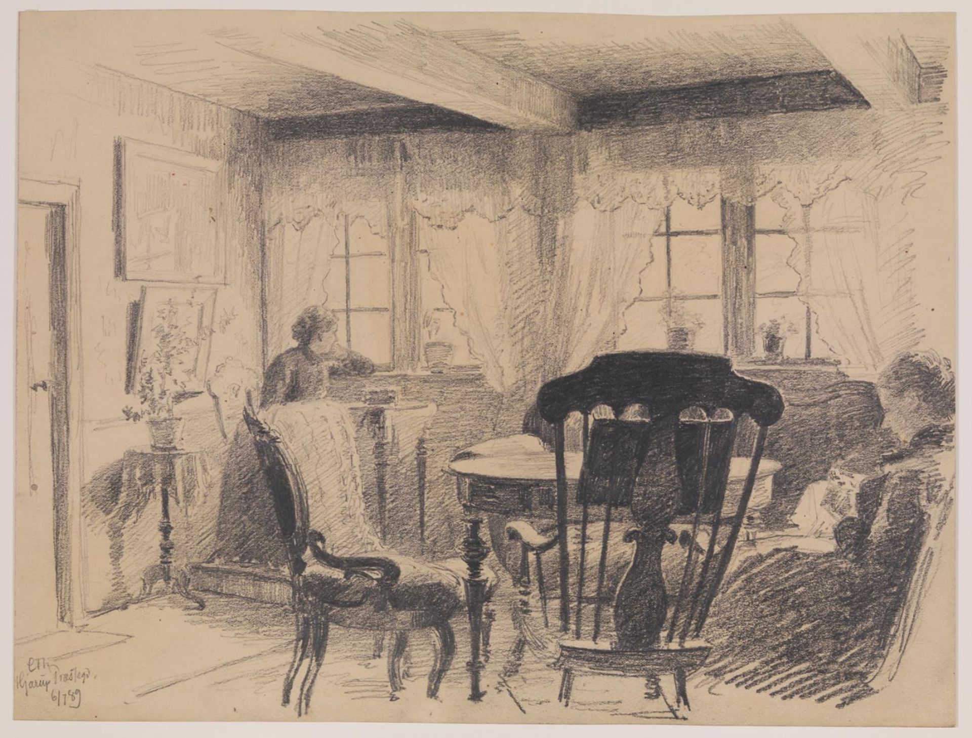 Hjarup præstegård. Stue med to syende damer by Carl Thomsen