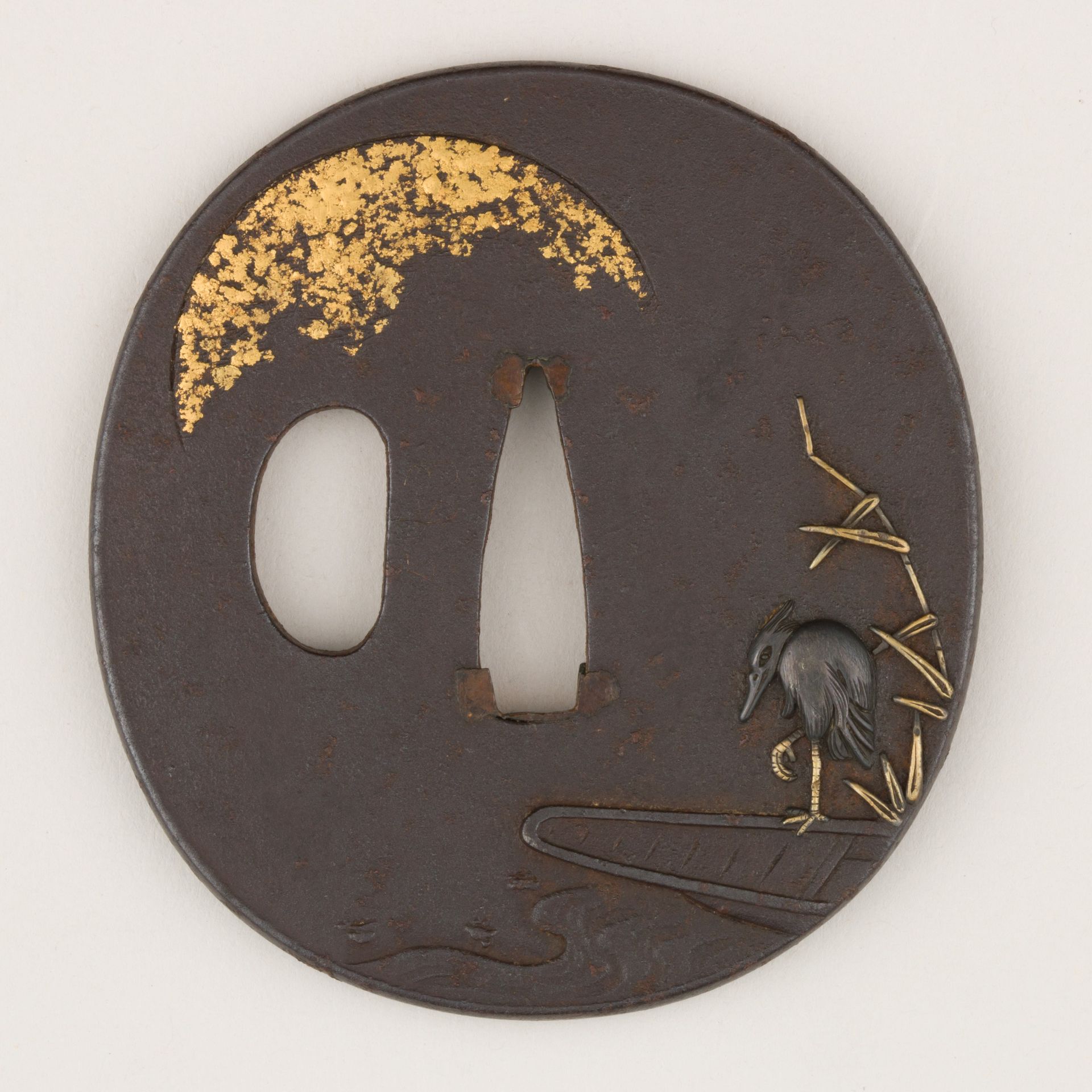 Sword Guard (<i>Tsuba</i>) Depicting Heron on Boat (一路平安図鐔) by Shōzui