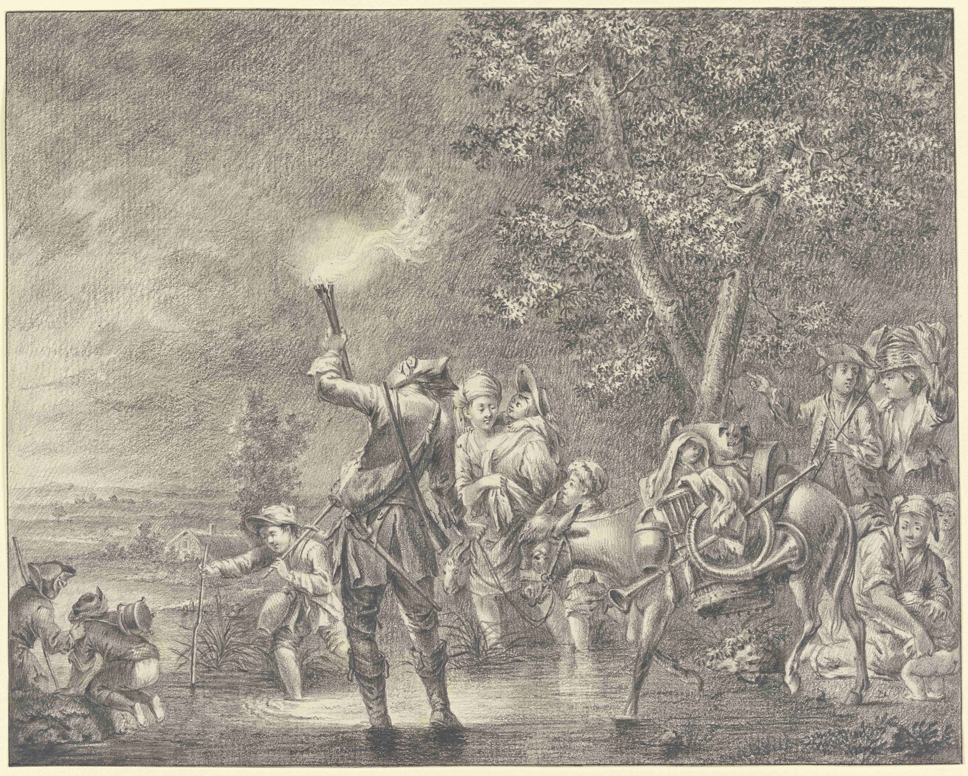 Reisende mit Packesel und Fackelträger überqueren einen Bach by Johann Ludwig Ernst Morgenstern