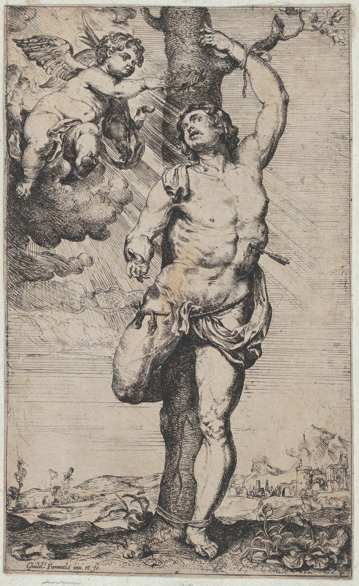 The Martyrdom of Saint Sebastian, with angels crowning him at upper left by Willem Panneels