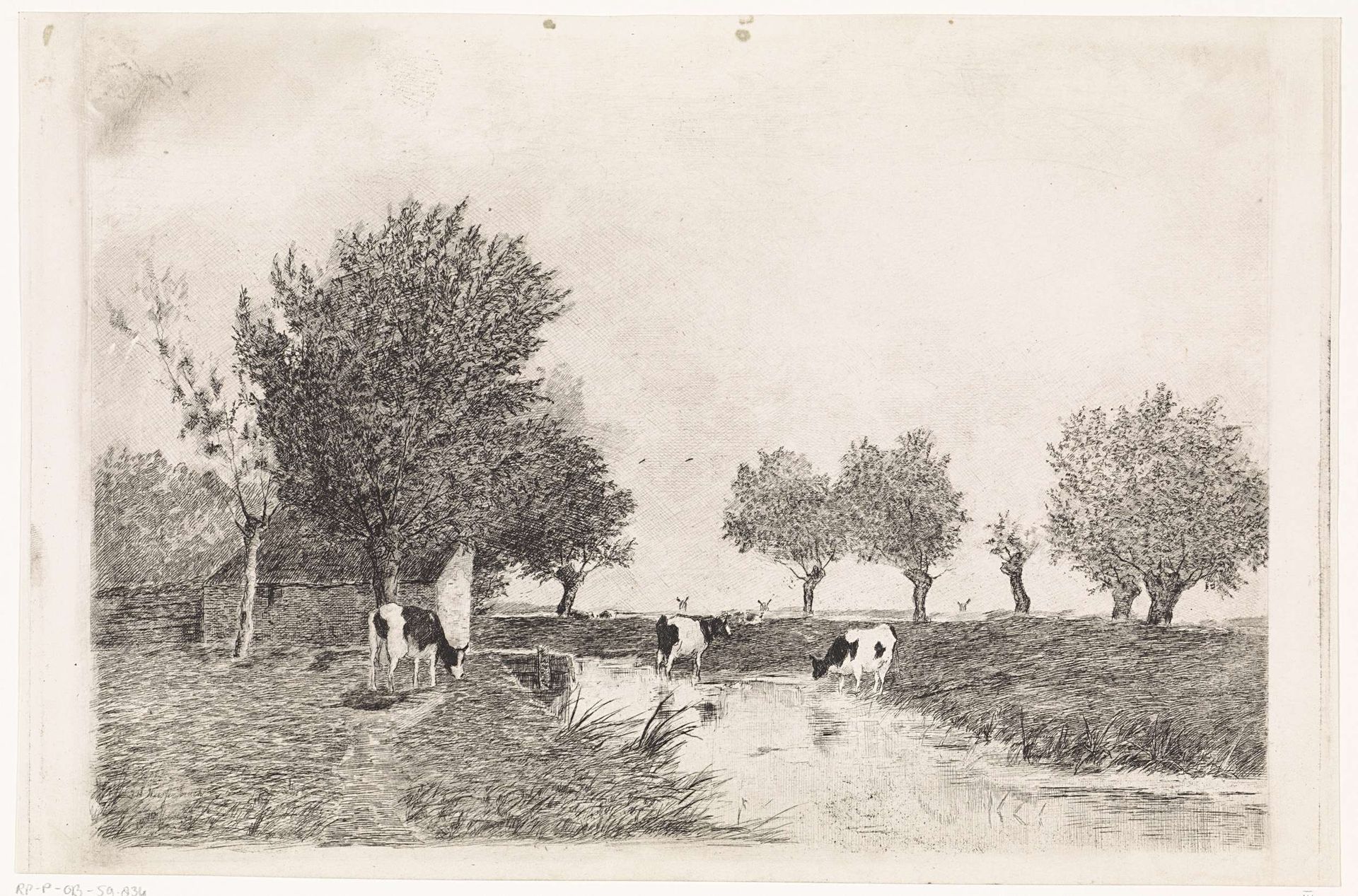 Landschap met drie koeien bij een sloot by Elias Stark