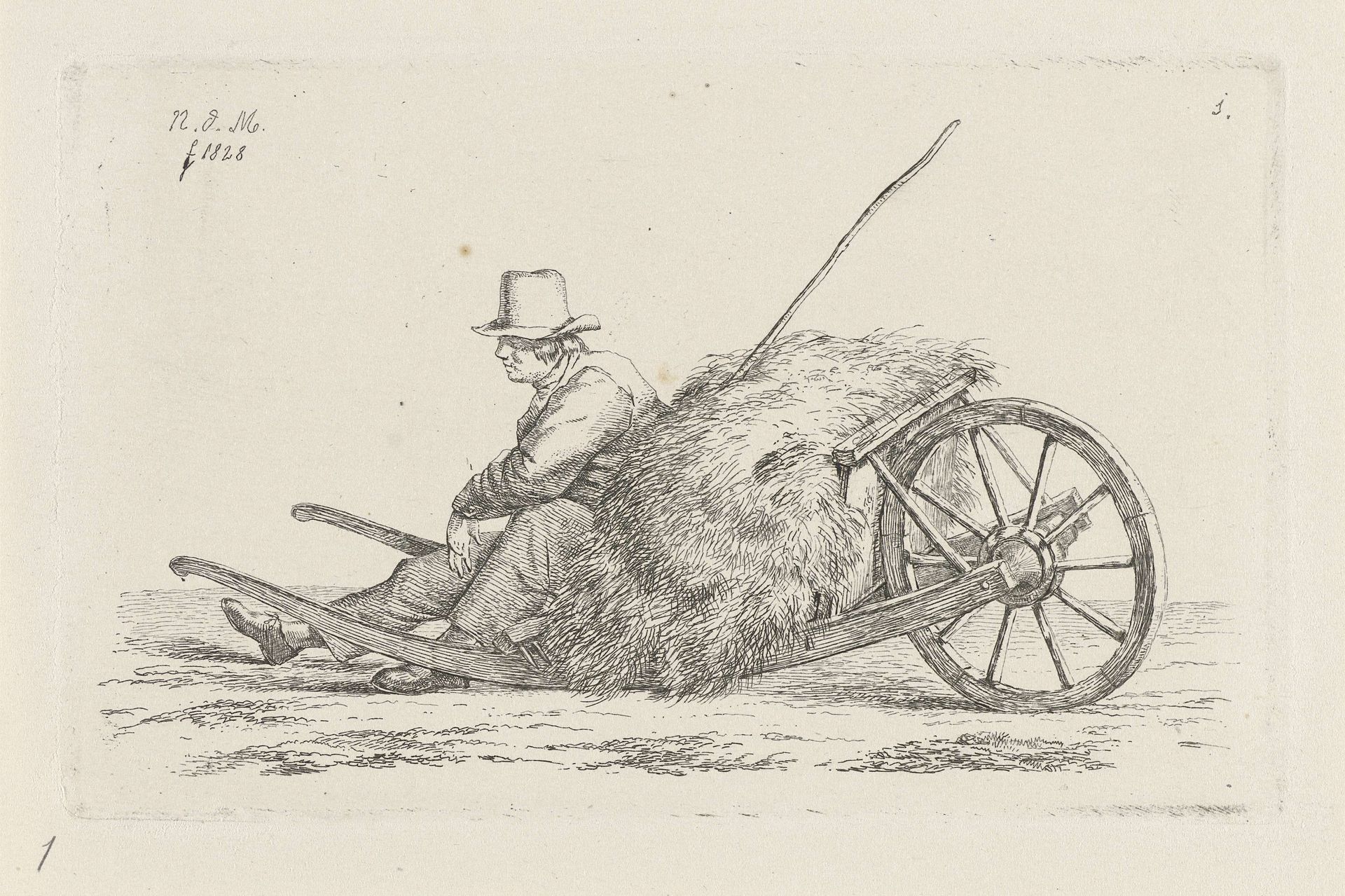 Zittende man bij een kruiwagen met hooi by Anthonie Willem Hendrik Nolthenius de Man