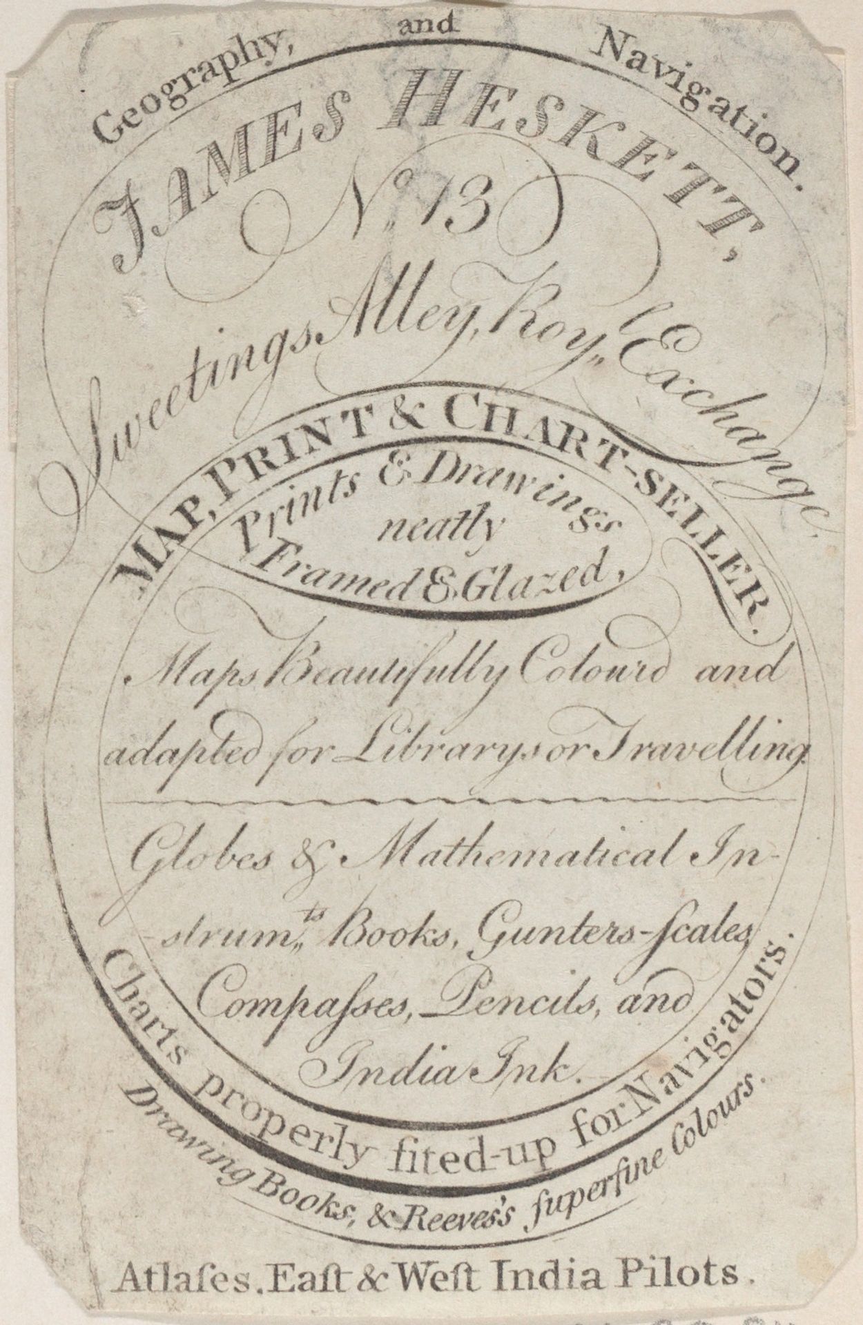 Trade Card for James Heskett, Map, Print, and Chart Seller by Anonymous
