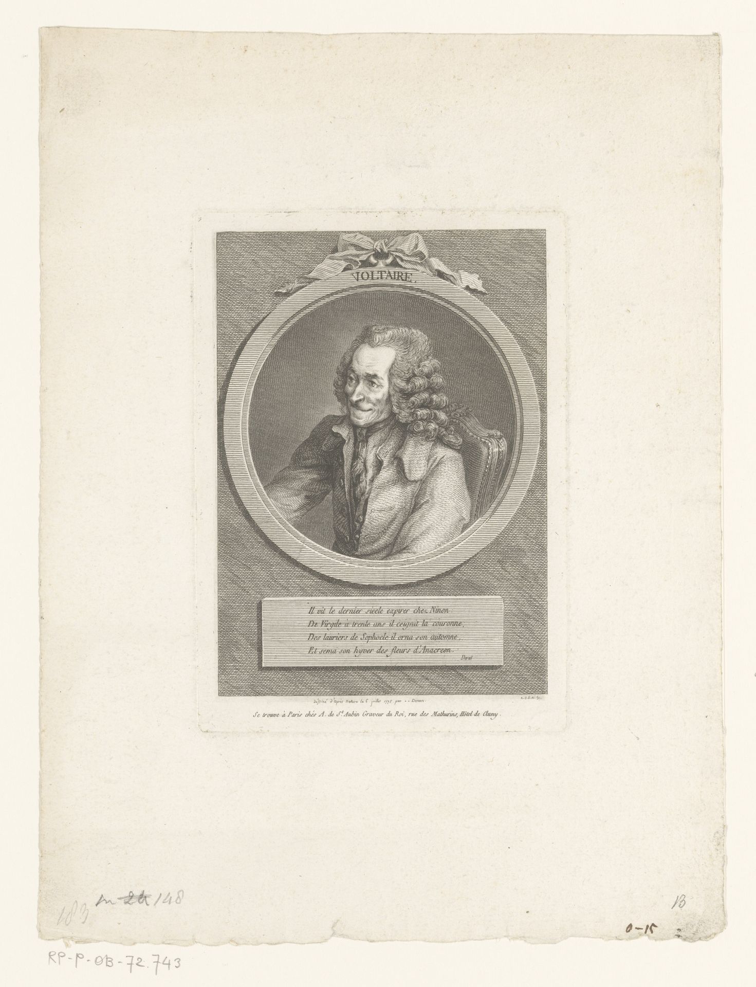 Portret van Voltaire by Augustin de Saint-Aubin