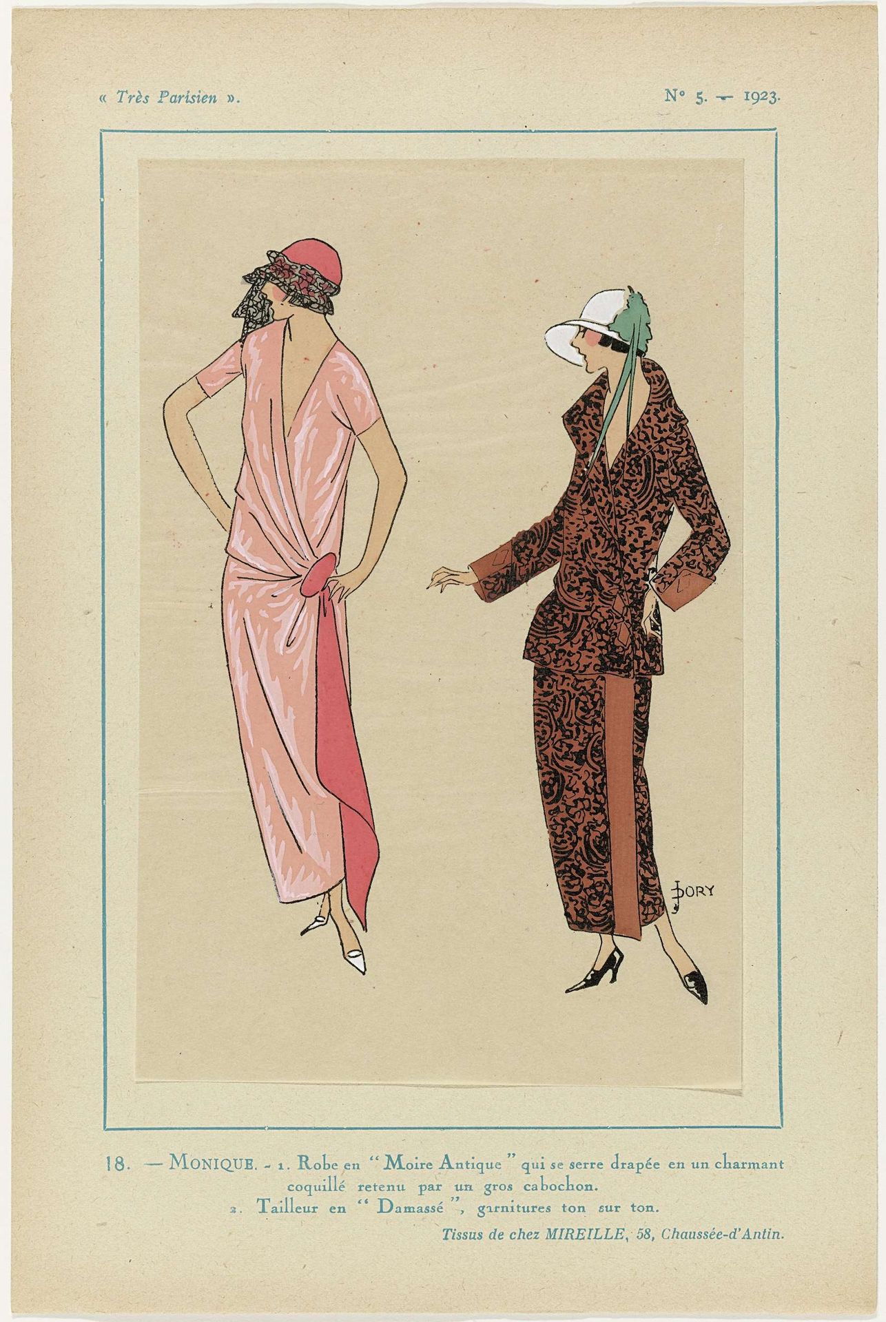 Très Parisien, 1923, No 5: 18.-MONIQUE. - 1. Robe en "Moire Autique"... by J. Dory