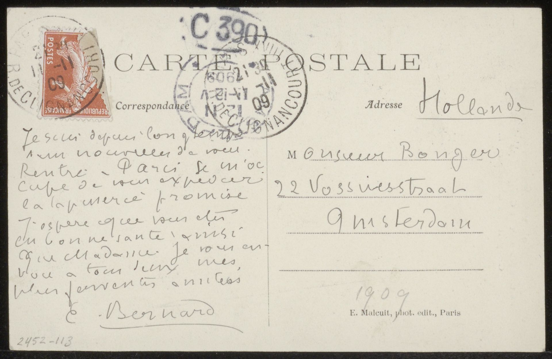 Prentbriefkaart aan Andries Bonger by Emile Bernard