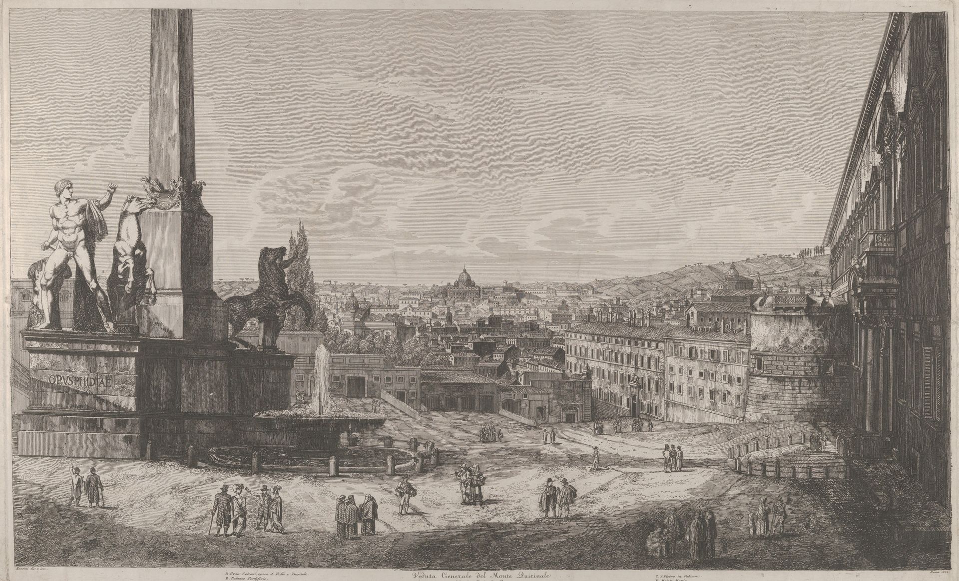 View of the Quirinal Hill in Rome with the fountain of the horse tamers at left by Luigi Rossini