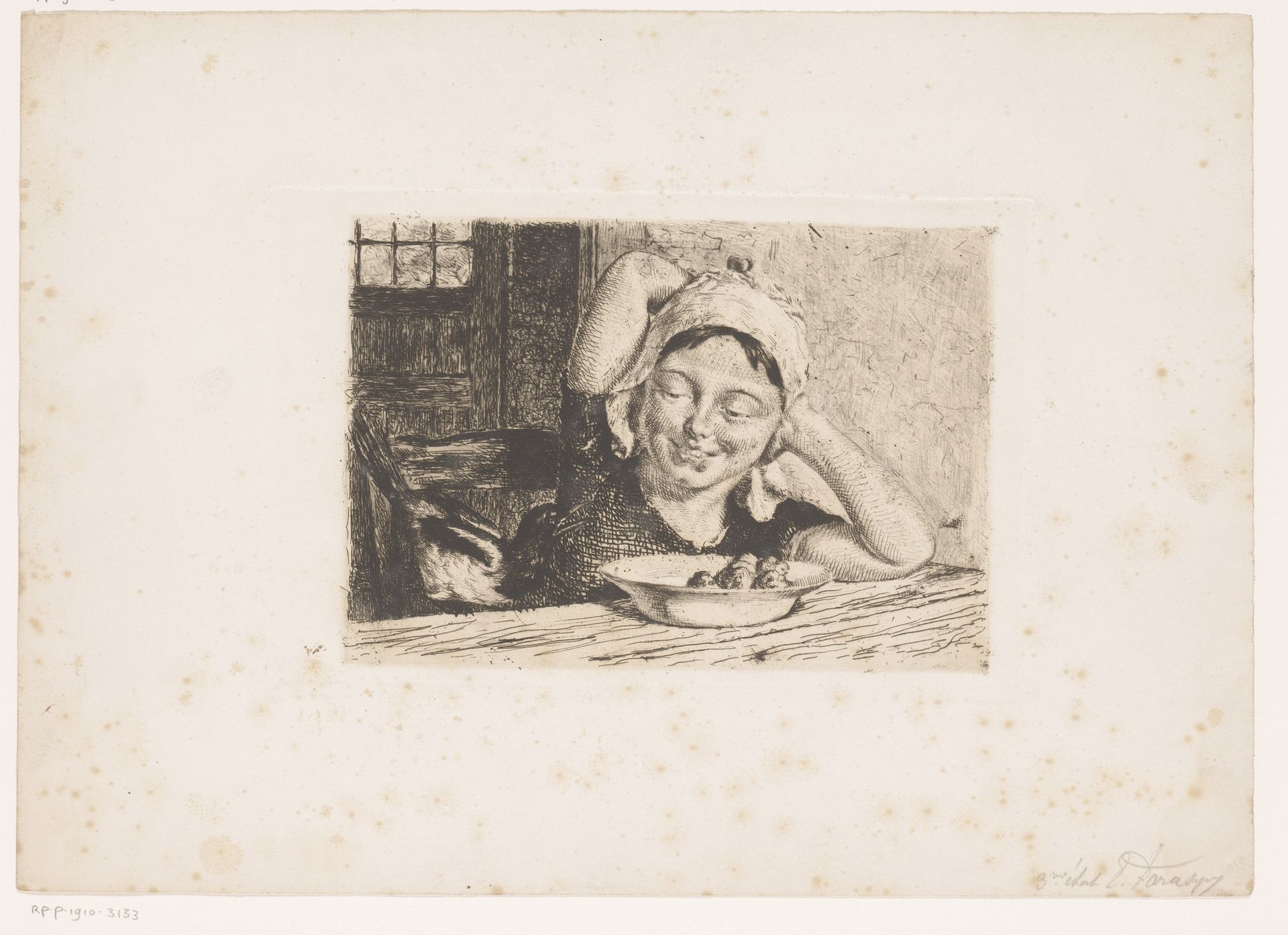 Meisje aan een tafel met een bord eten en een ekster by Edgard Farasyn