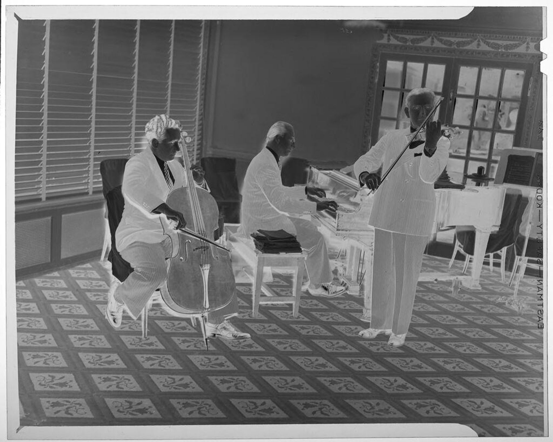 Untitled (three men playing instruments in fancy carpeted room) by Martin Schweig