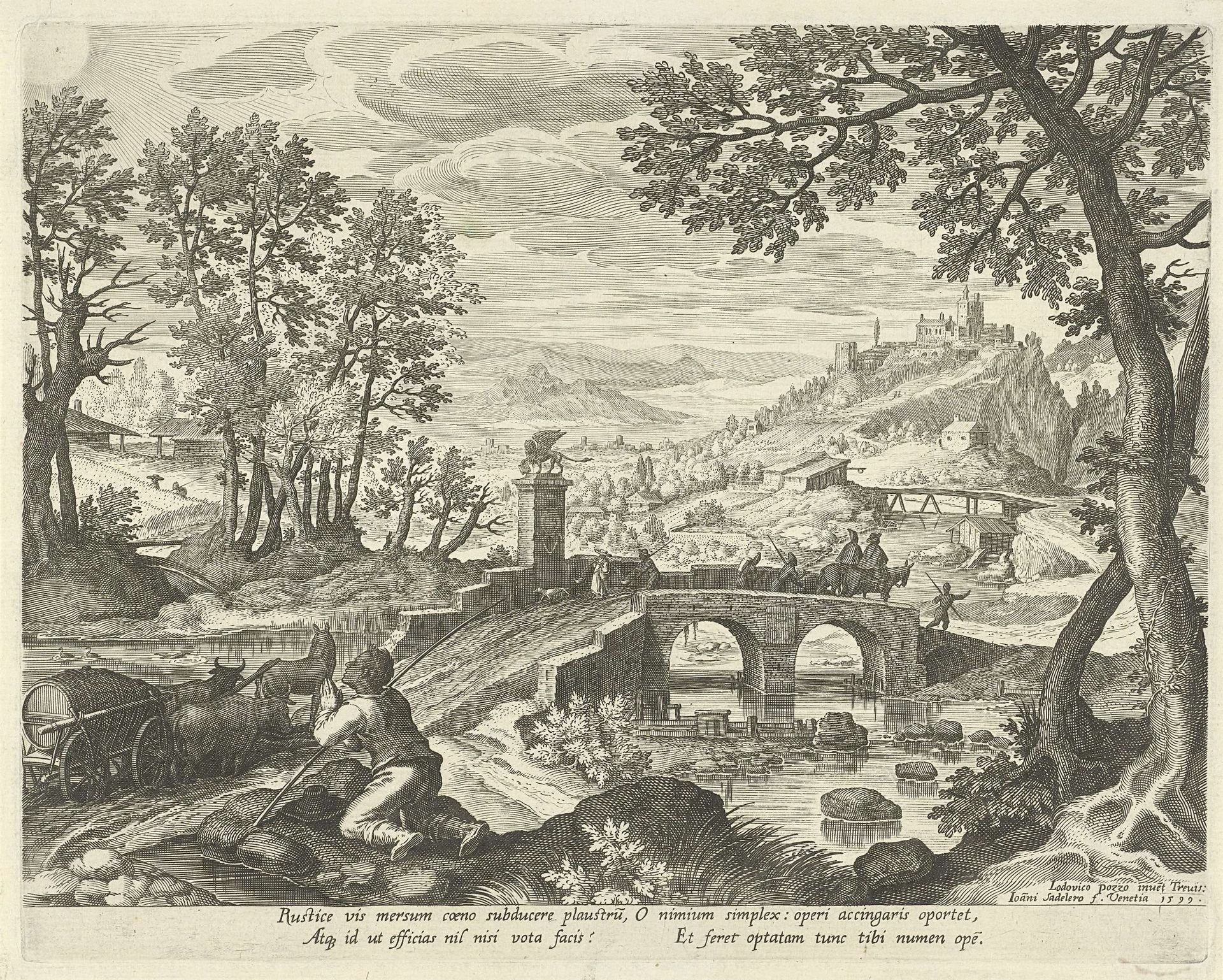 Rivierlandschap met Hercules en de voerman by Johann Sadeler I