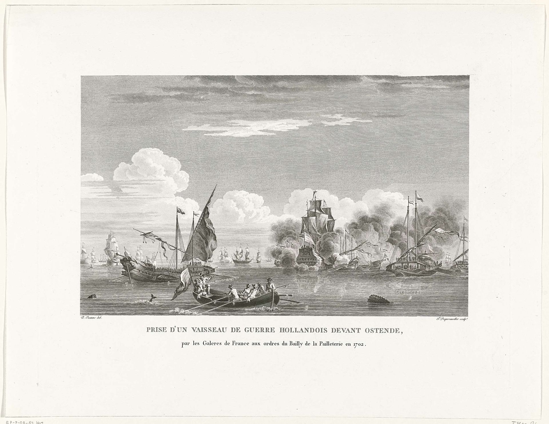 Verovering van een Hollandse oorlogsschip door Franse galeien bij Oostende, 1702 by François Jacques Dequevauviller
