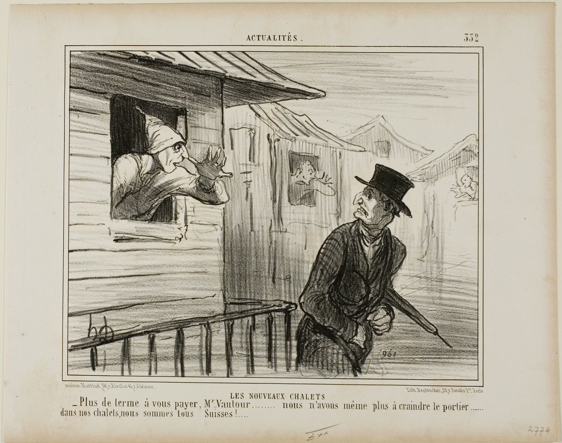 The New Blockhouses. “- No more rent to pay, Monsieur Vautour... and we are no longer afraid of the janitor..... in our chalets we are all Swiss,” plate 332 from Actualités by Honoré Daumier