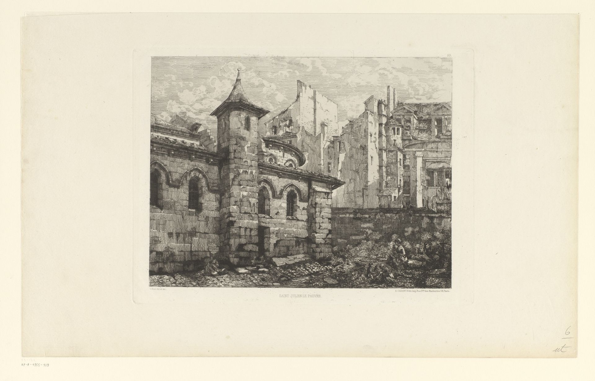 Gezicht op de Saint-Julien-le-Pauvre-kerk in Parijs met vrouw en spelende kinderen by Gabrielle-Marie Niel