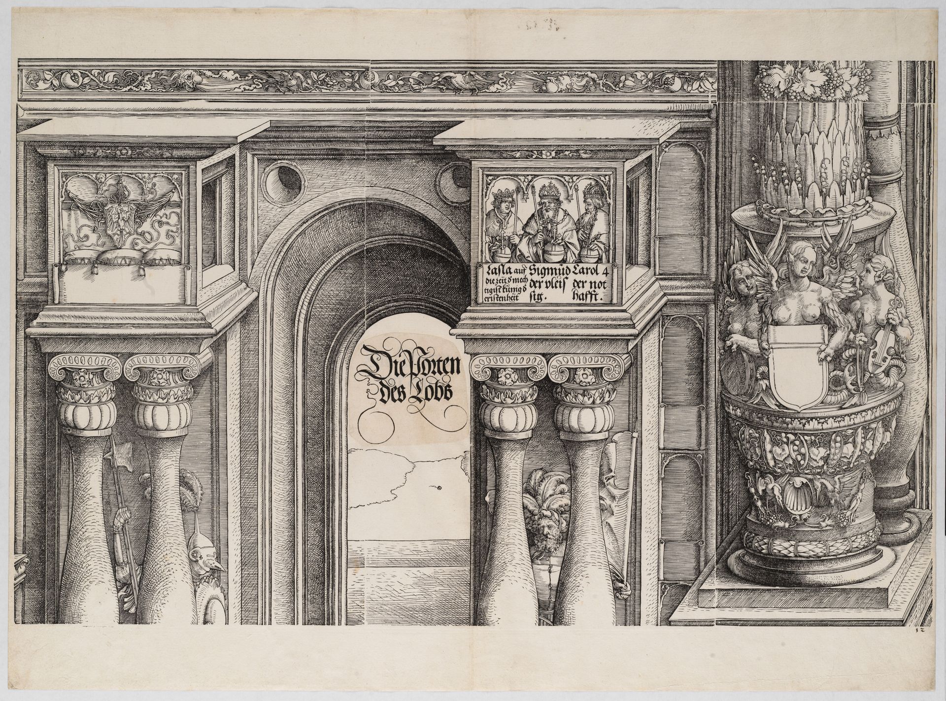The Arch in the Entryway of the Left Portal (Die Porten des Lobs); and the Outer Left Column of the Central Portal, from the Arch of Honor, proof, dated 1515, printed 1517-18 by Hans Springinklee