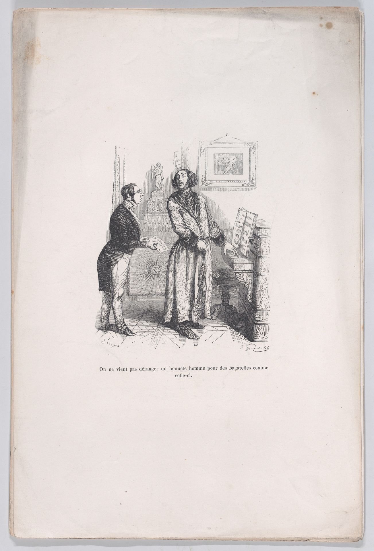 "One does not bother an honest man with trifles like this." from the Little Miseries of Human Life by J. J. Grandville