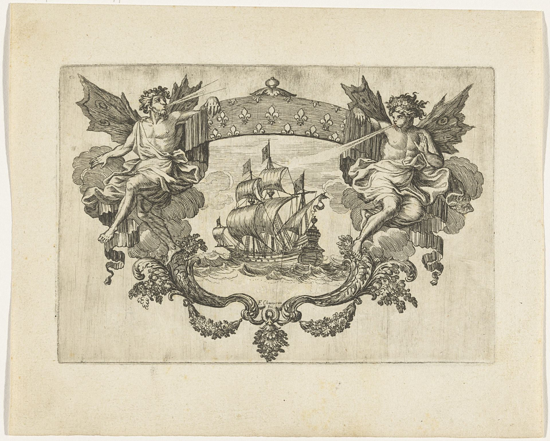 Vignet met zeilschip by François Chauveau