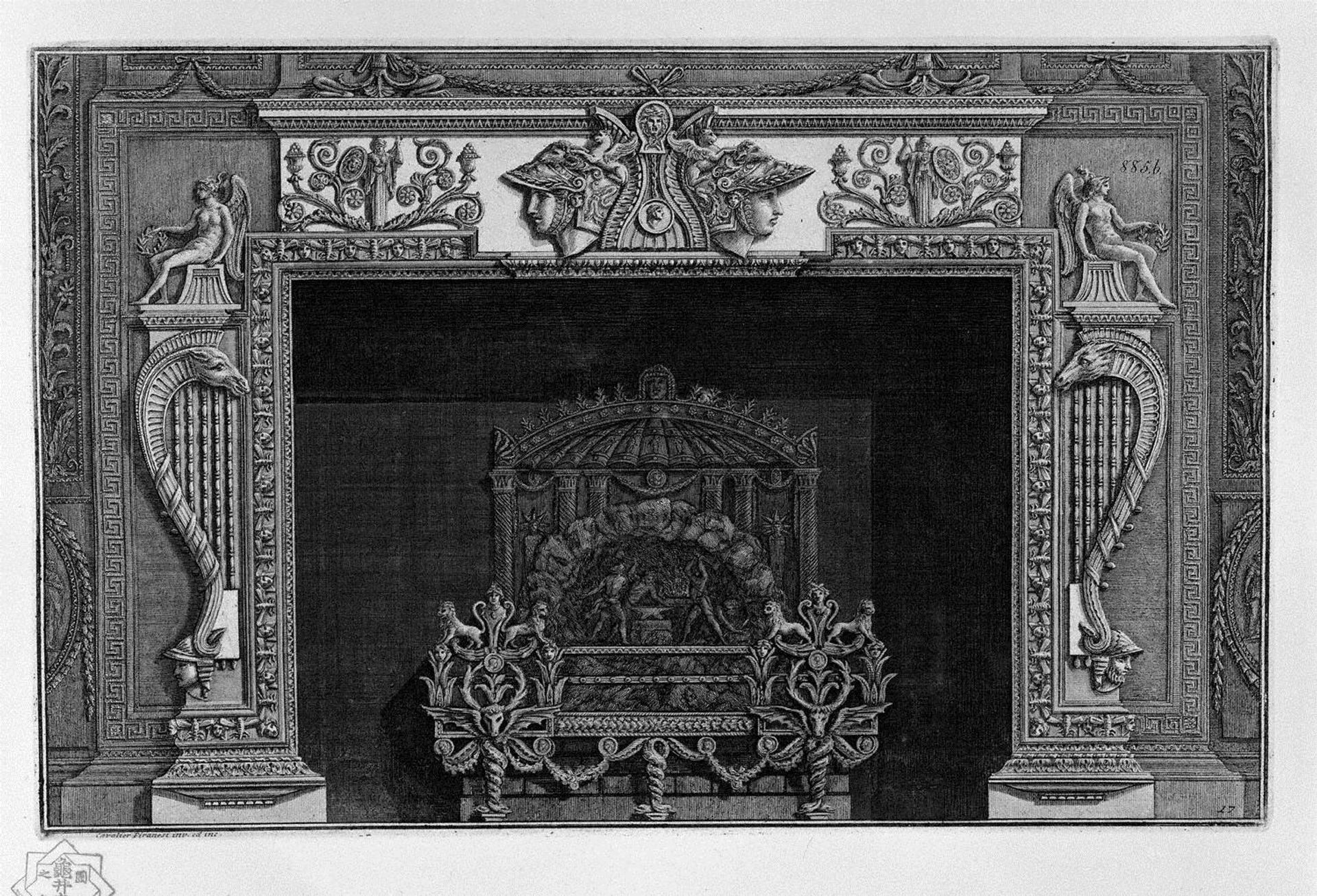 Fireplace with a large ornate metal wing by Giovanni Battista Piranesi