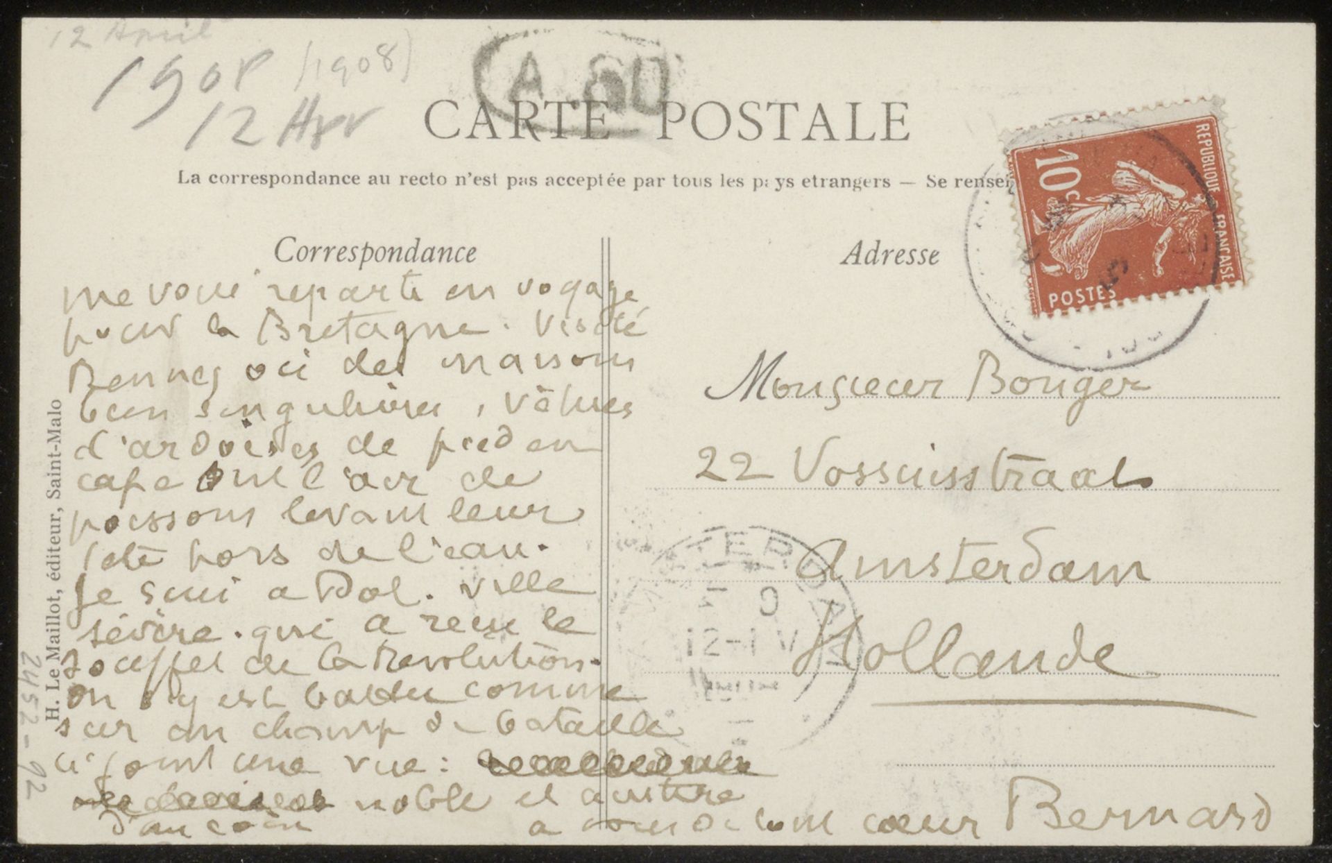 Prentbriefkaart aan Andries Bonger by Emile Bernard