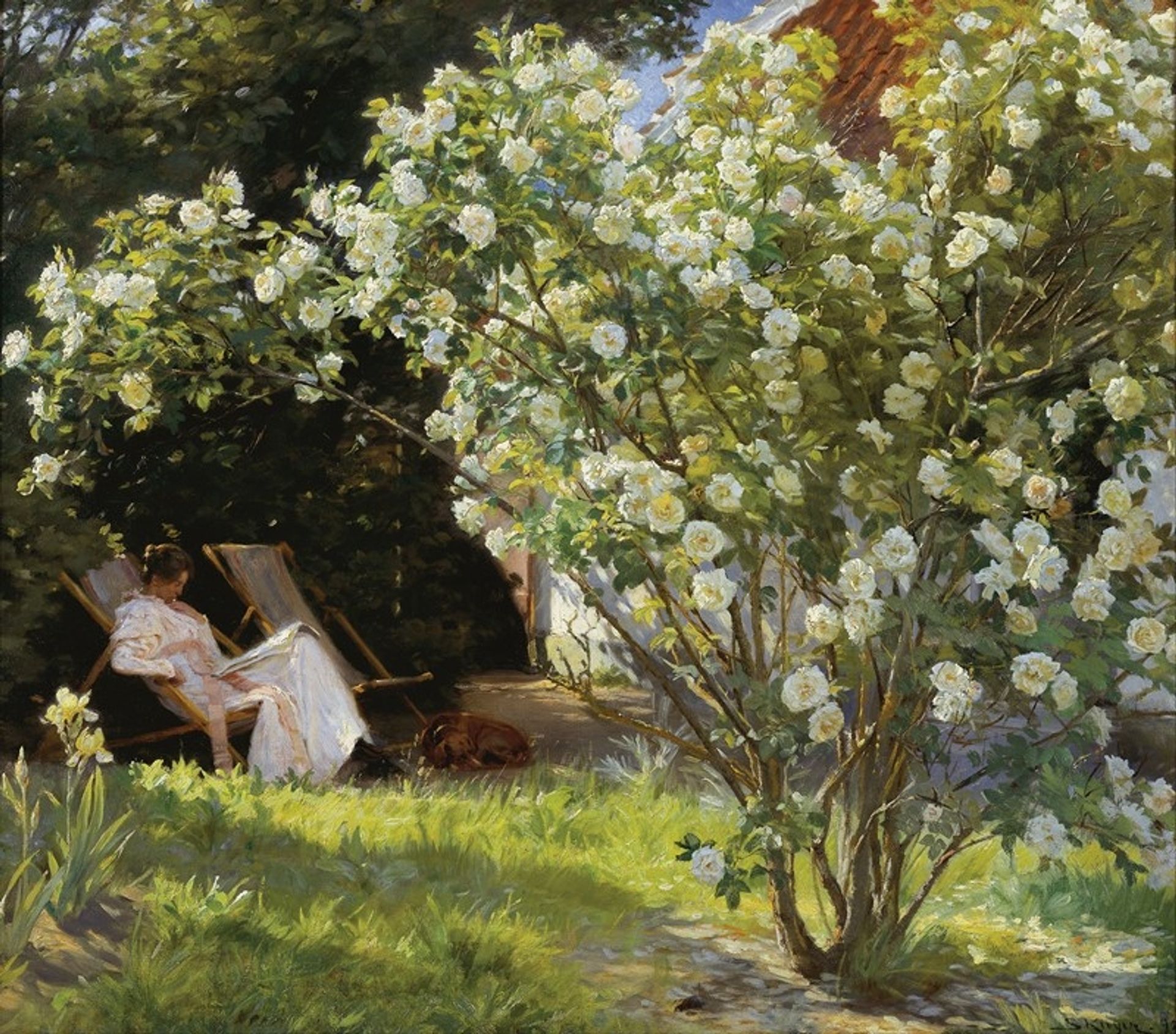 Roses. Marie Krøyer seated in the deckchair in the garden by Mrs Bendsen’s house by Peder Severin Krøyer