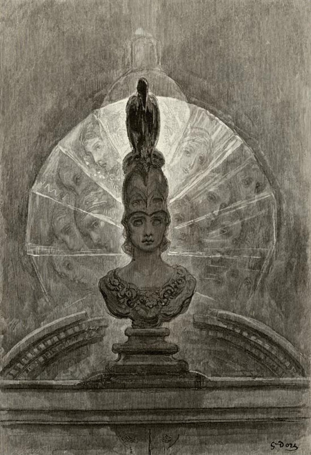Perched upon a bust of Pallas by Gustave Dore
