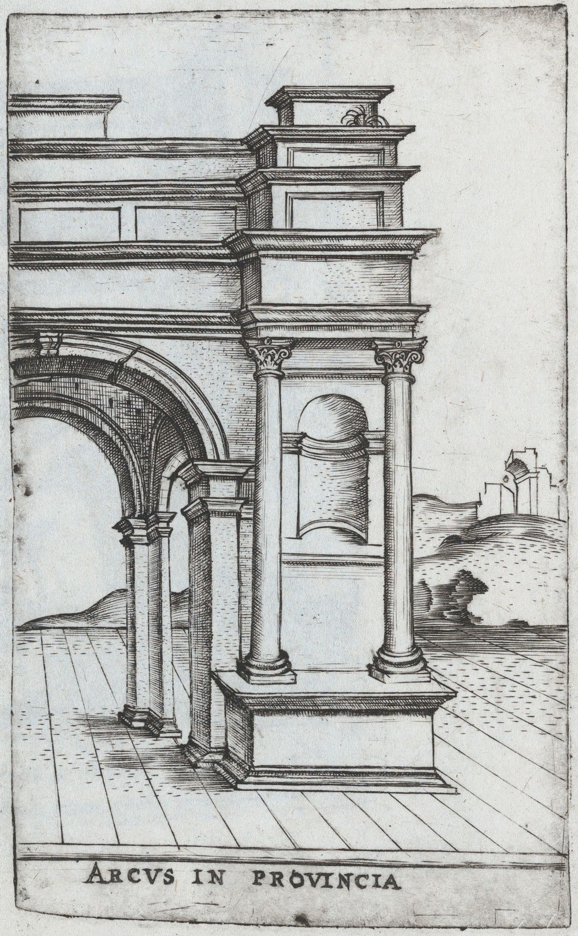 Arcus S. Georgii, from a Series of Prints depicting (reconstructed) Buildings from Roman Antiquity by Monogrammist G.A. & the Caltrop
