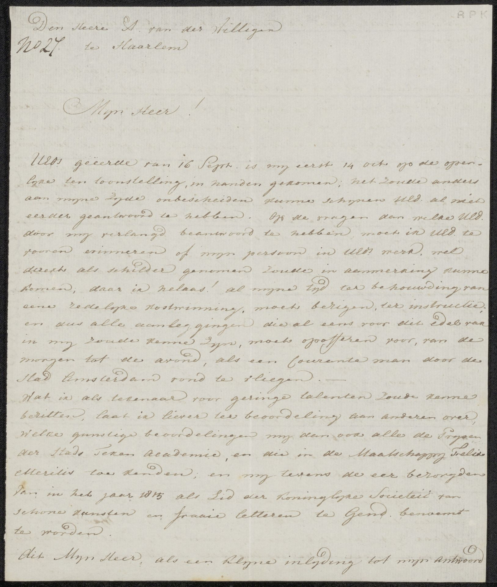 Brief aan Adriaan van der Willigen by Jacob Smies