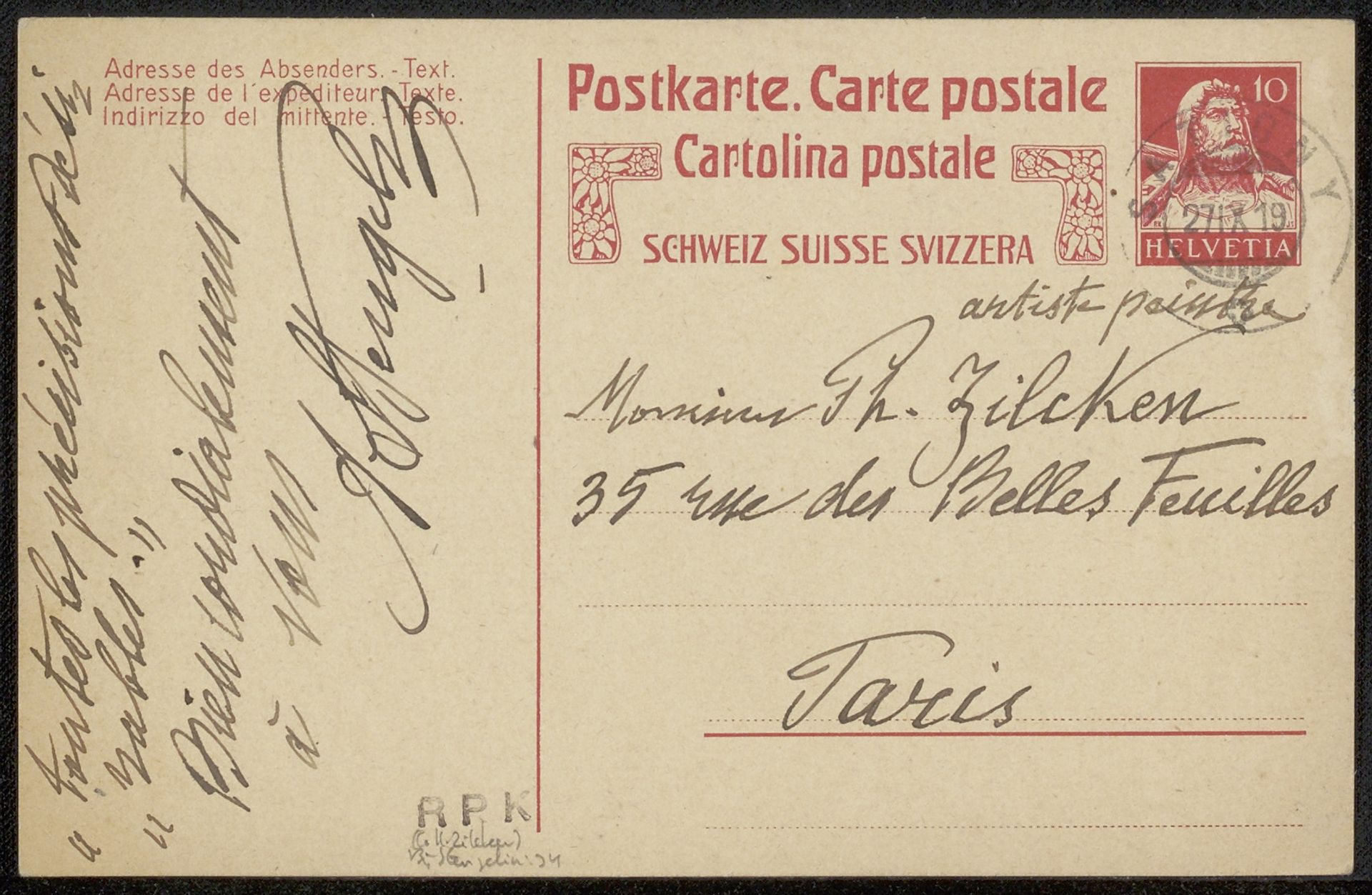 Briefkaart aan Philip Zilcken by Alphonse Stengelin