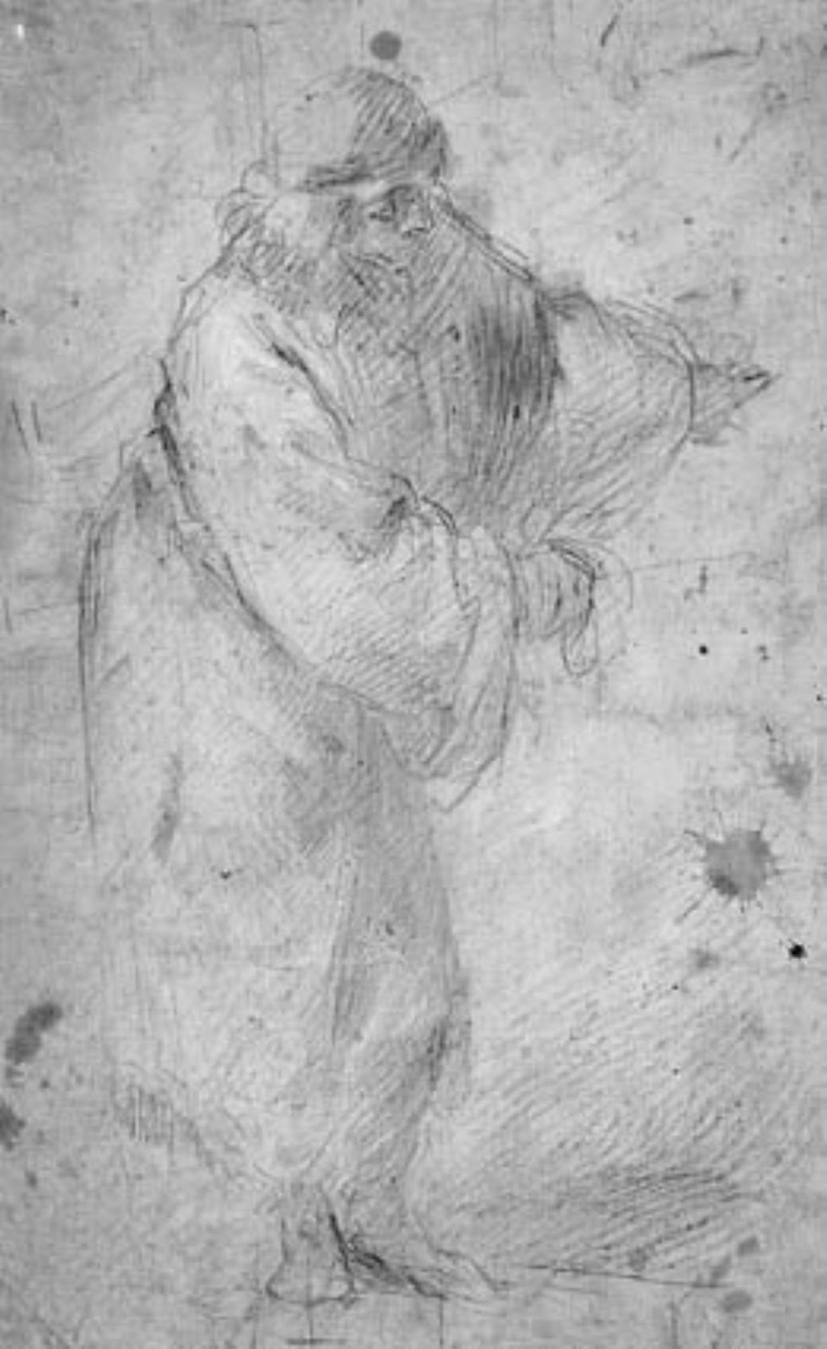 Stamdomg draped man with a cap, seen slightly from above by Francesco Montelatici