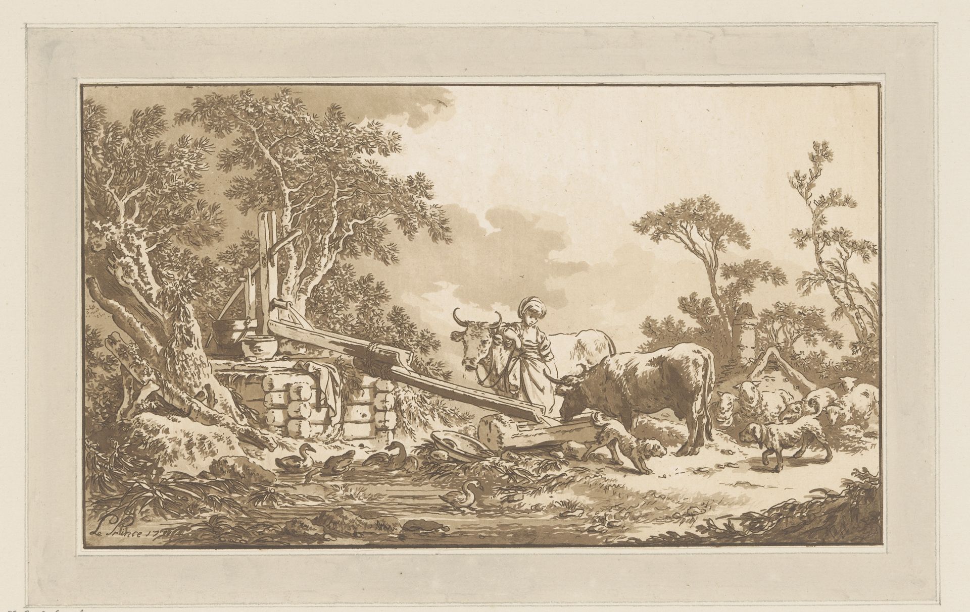 Herderin geeft koeien te drinken bij een waterpomp by Jean Baptist Leprince