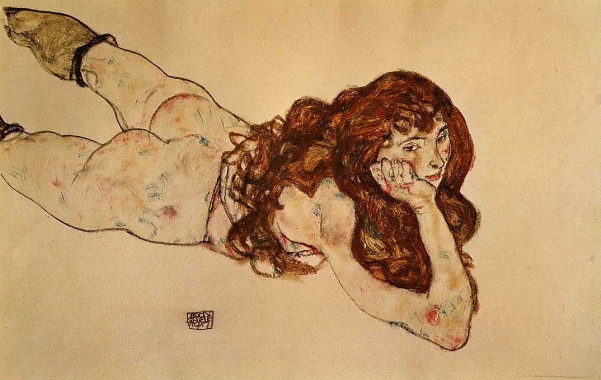Female Nude Lying on Her Stomach by Egon Schiele