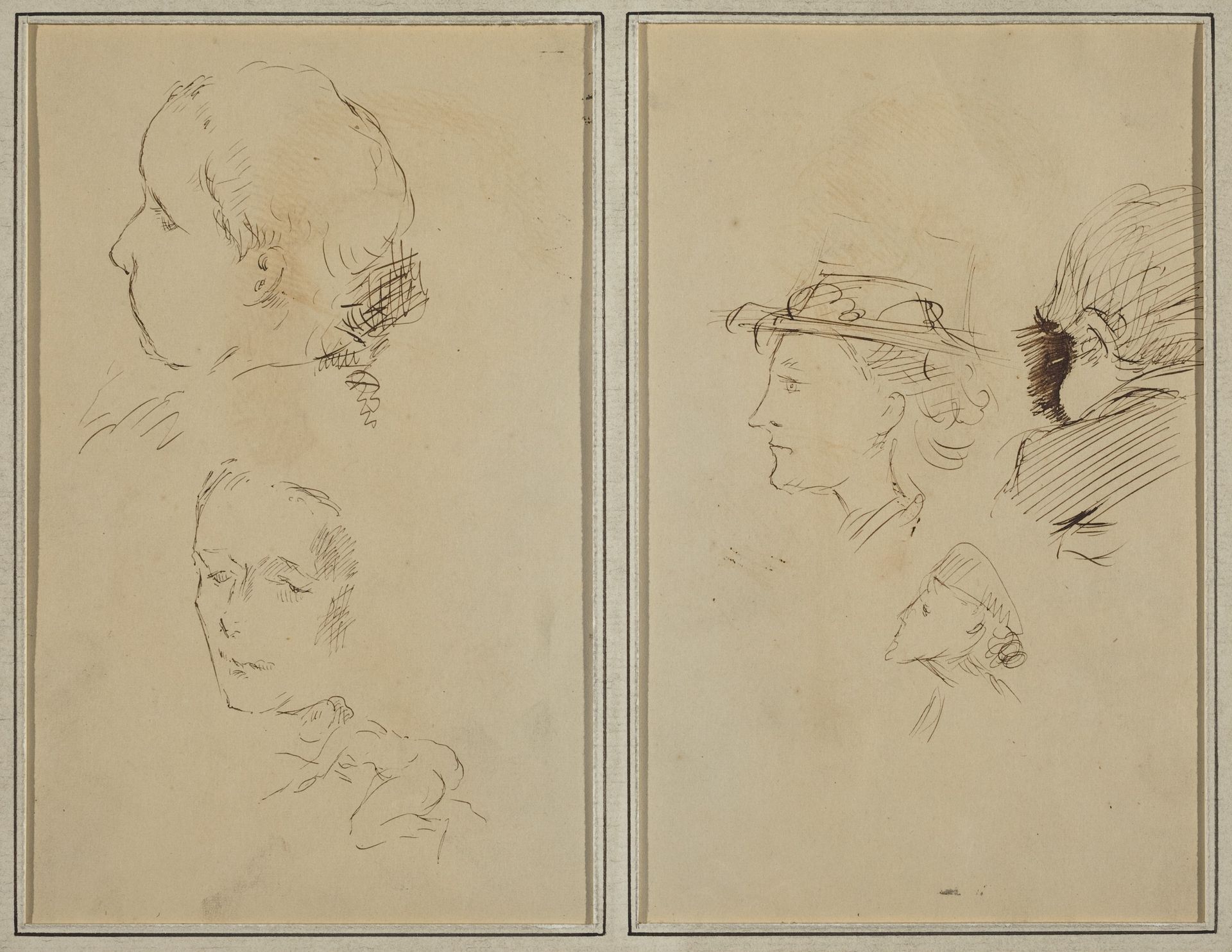Two Head Studies and a Crouching Nude Woman; Two Women's Heads and a Head of Child [recto] by Paul Gauguin