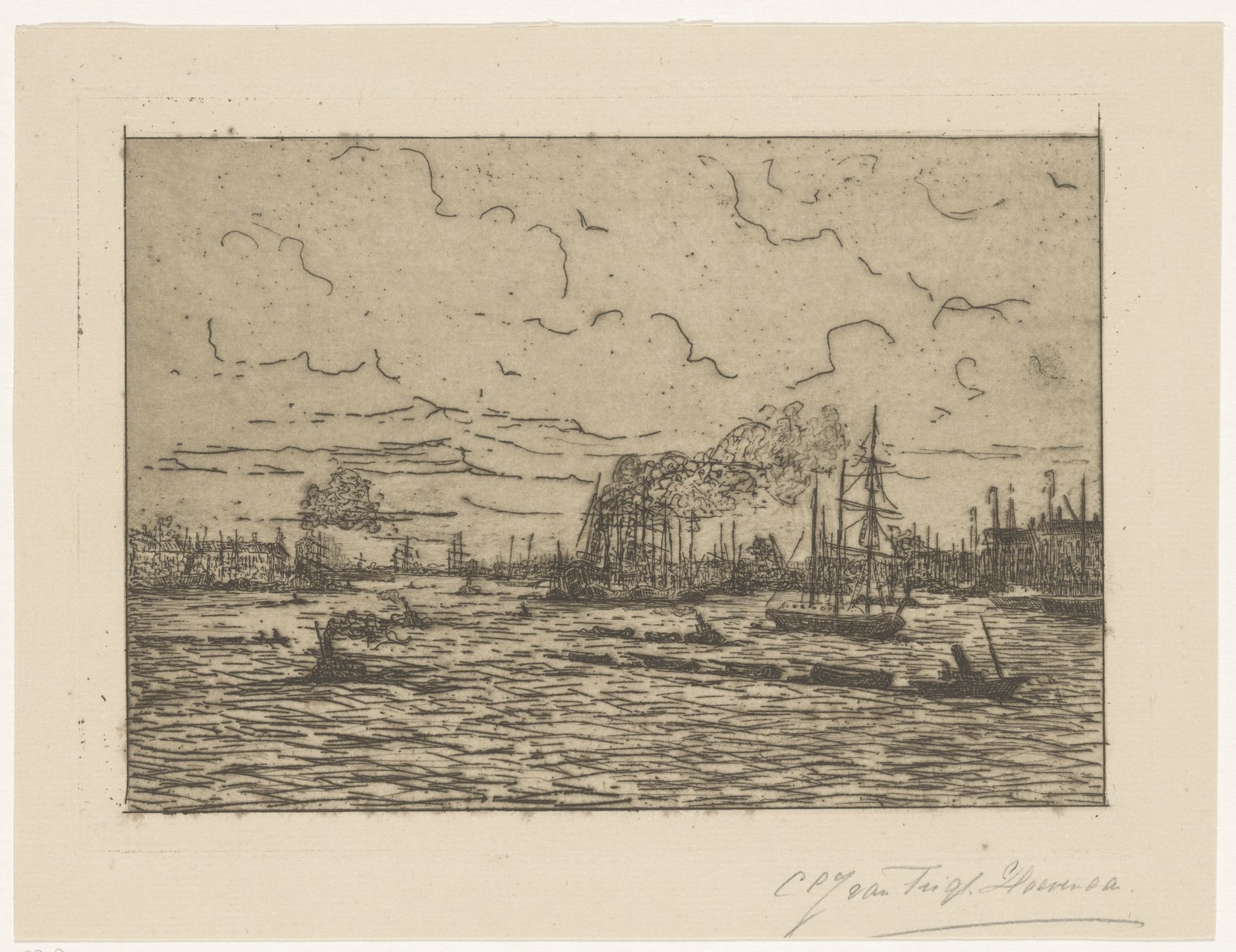 Gezicht op de Maas met sleepboten by Cornelia Christina Johanna van Trigt-Hoevenaar