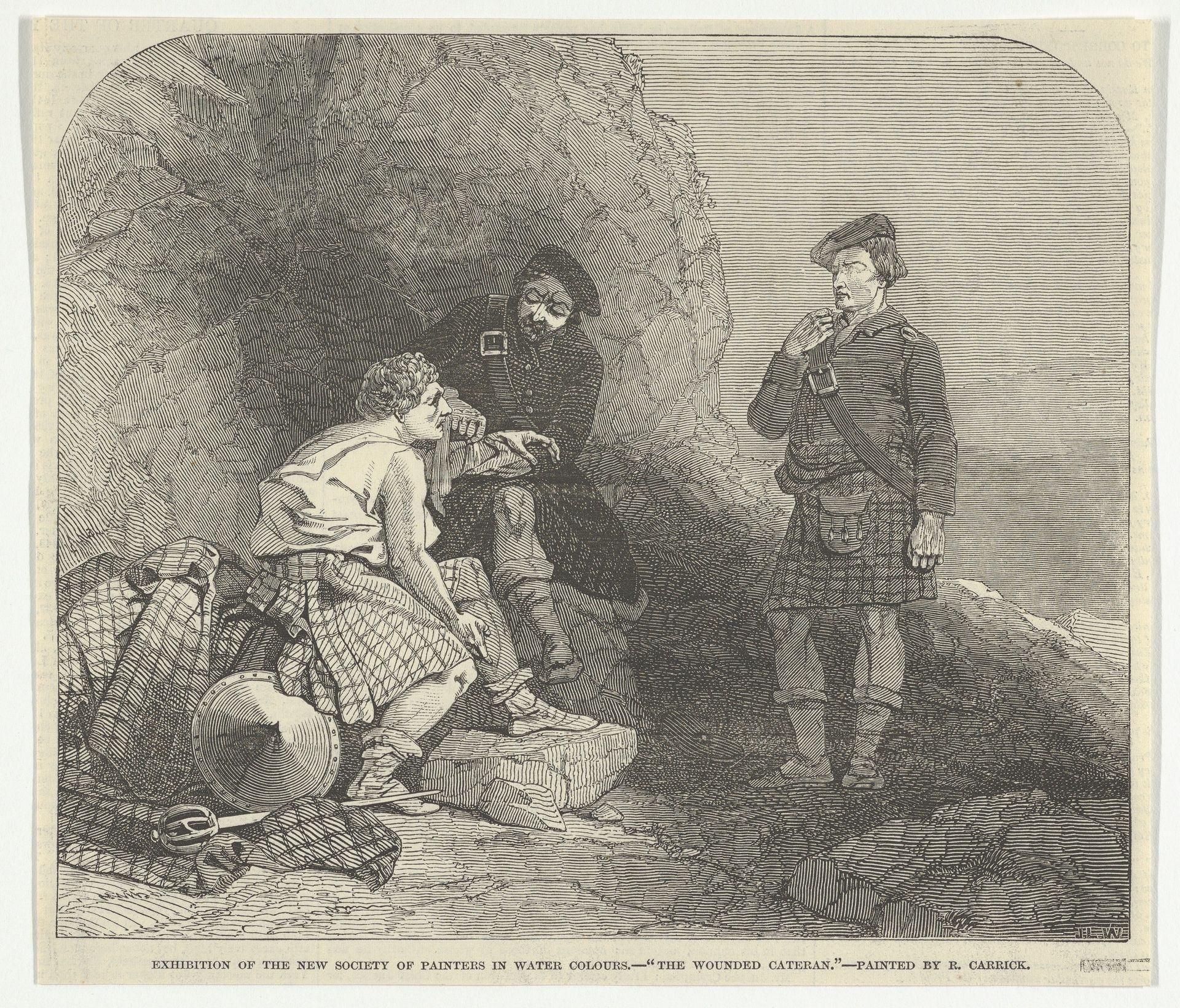 The Wounded Cateran by R. Carrick, Exhibition of the New Society of Painters in Water Colours, from "Illustrated London News" by Joseph Lionel Williams