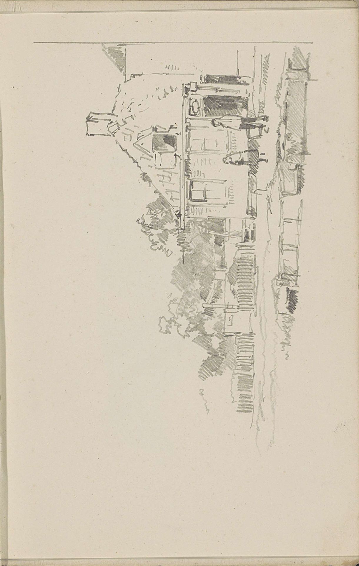 Twee figuren voor een boerderij aan een waterkant by Cornelis Vreedenburgh