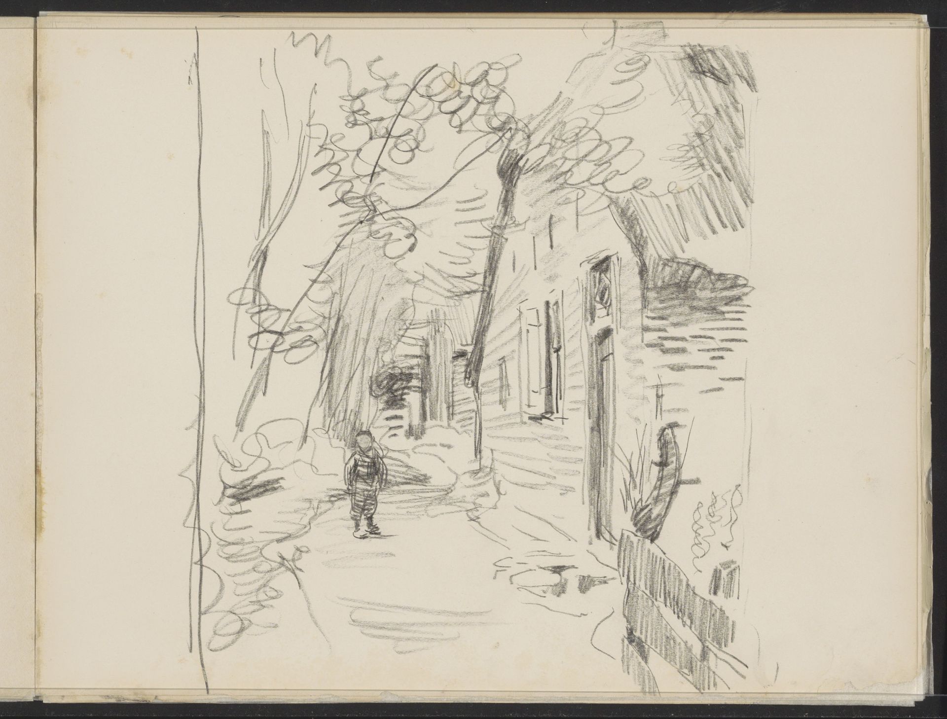 Jongen op een weg langs een rij arbeiderswoningen by Willem Bastiaan Tholen