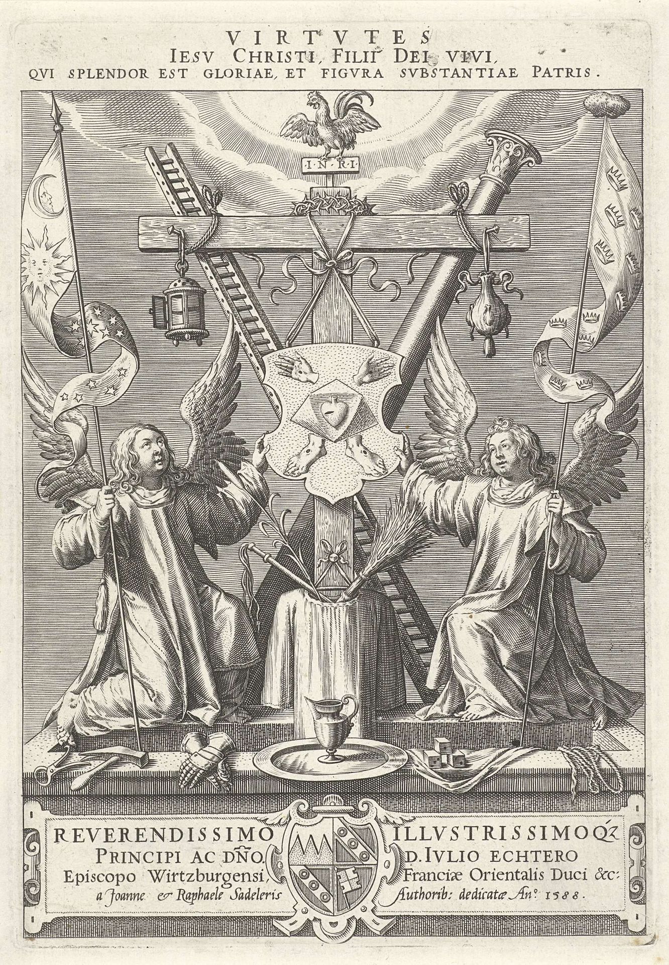 Twee engelen tonen de passiewerktuigen van Christus. by Johann Sadeler I