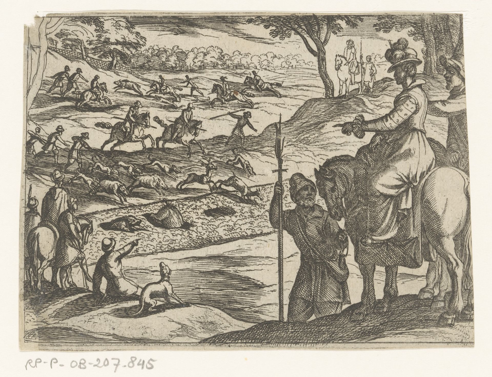 Een dame kijkt hoe jagers dieren in een kuil jagen by Antonio Tempesta