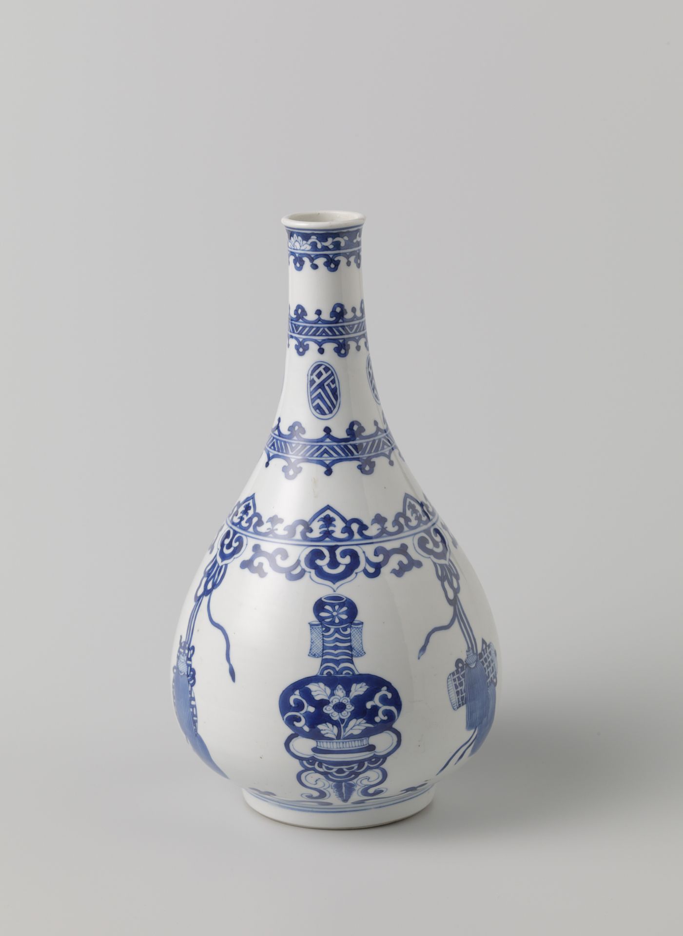 Pear-shaped bottle vase with auspicious symbols, tassels and ornamental borders by Anonymous