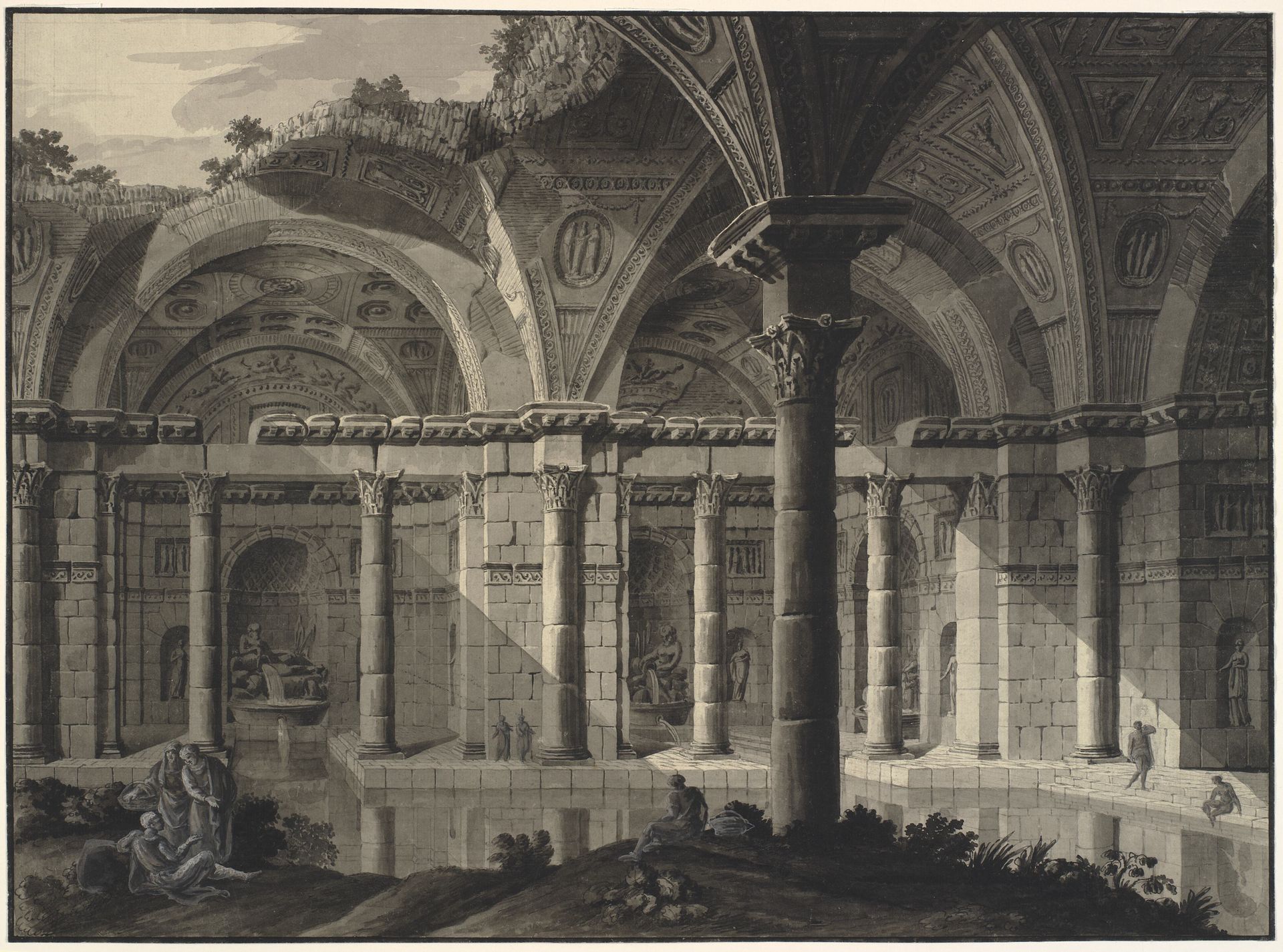 Architectural fantasy of an antique bath with ruined roof and figures by Robert Adam