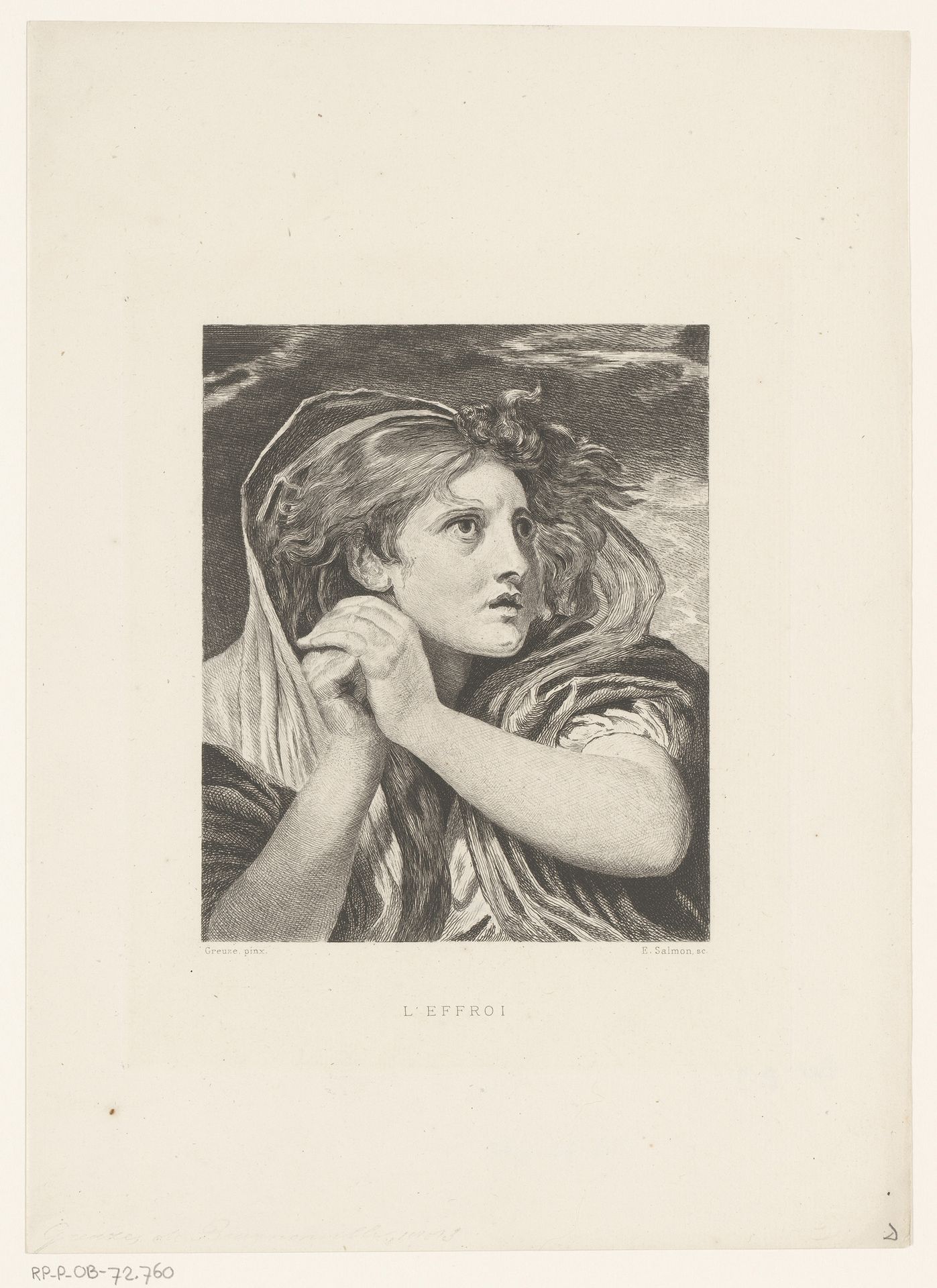 Vrouw met gevouwen handen en wapperende haren, een geschrokken uitdrukking op haar gezicht by Emile Frédéric Salmon
