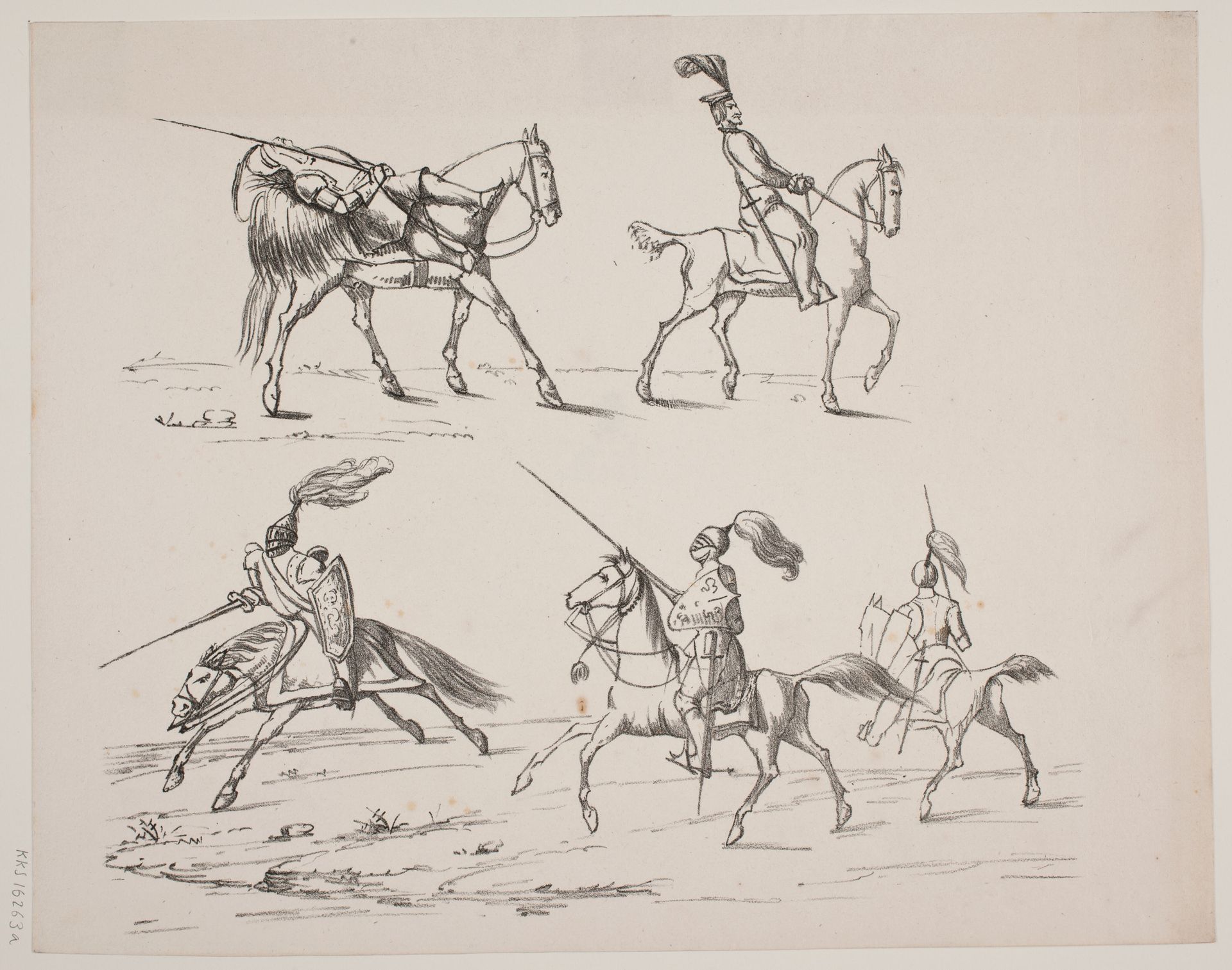 Prøveblad med riddere i harnisk by N.B. Krossing