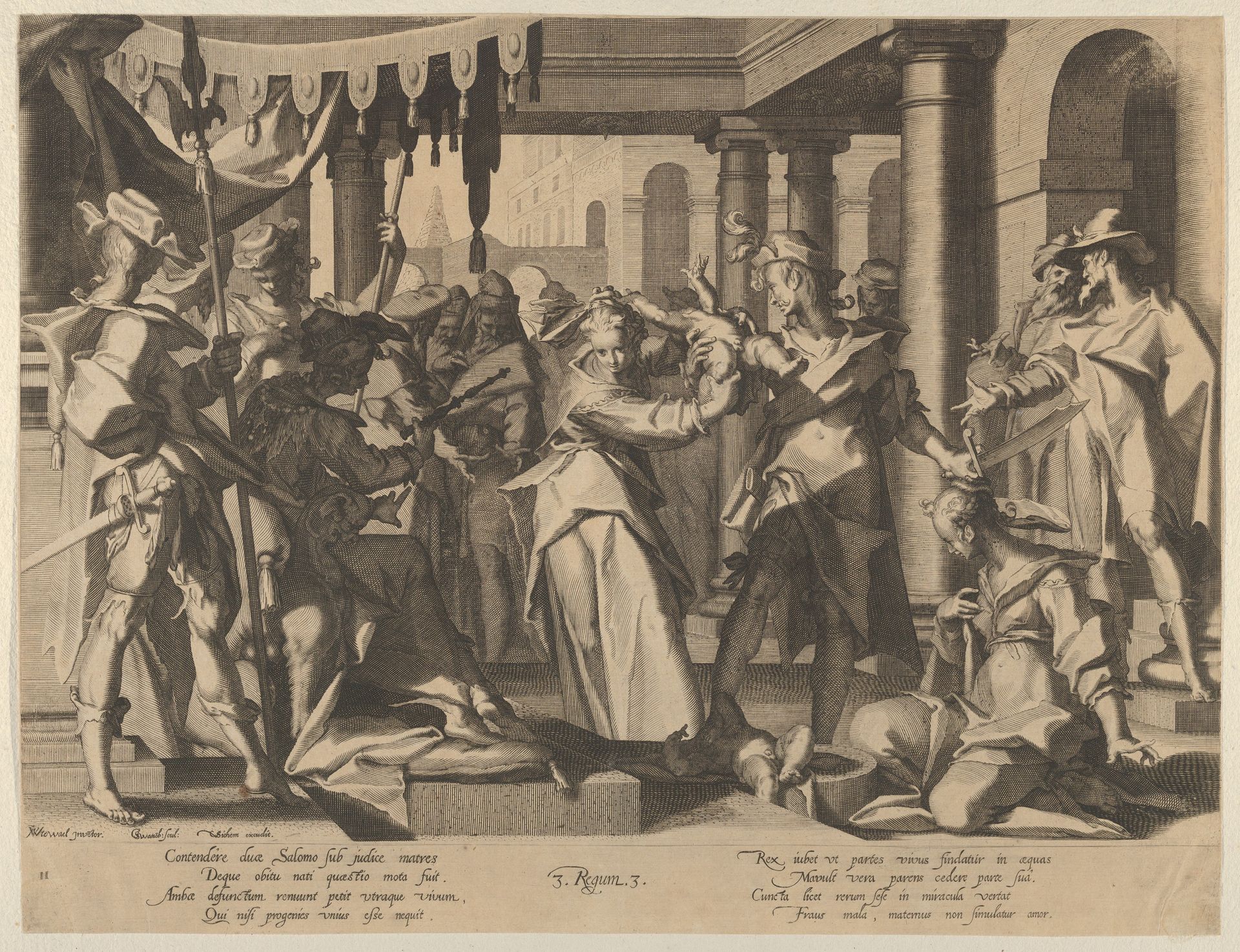 Judgment of Solomon, from Thronus Justitiae, tredecim pulcherrimus tabulis..., plate 2 by Willem van Swanenburg