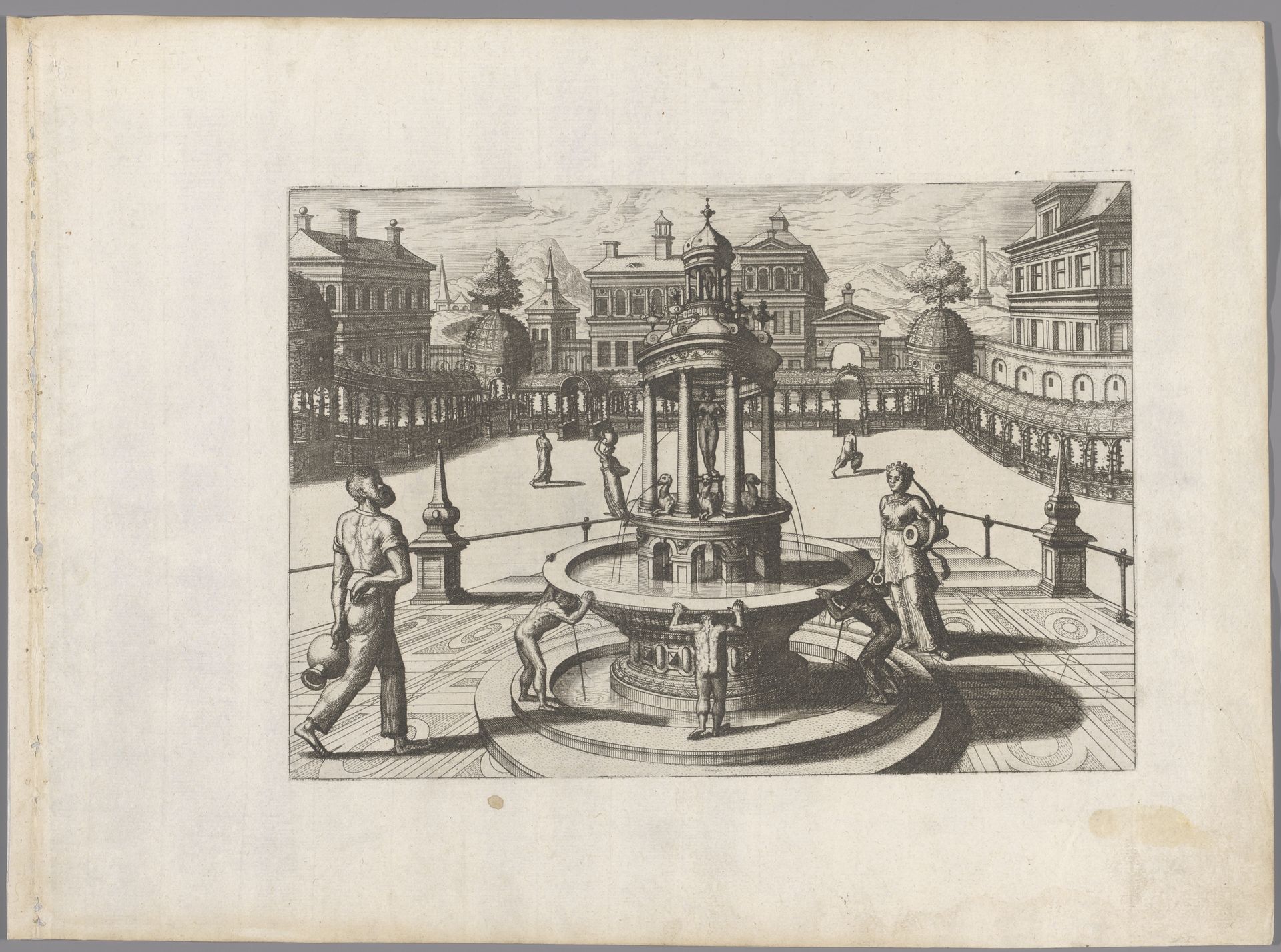 Fontein bekroond met ronde tempel op plein by Joannes van (I) Doetechum
