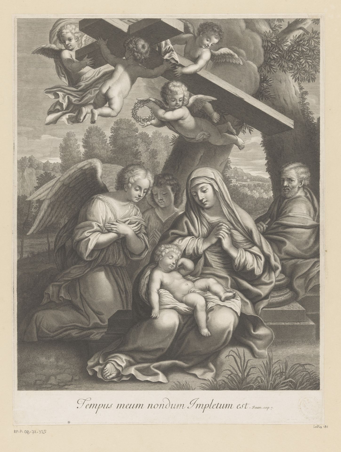 Heilige Familie met slapend kind aanbeden door engelen, boven hen dragen putti het kruis by Francois de Poilly