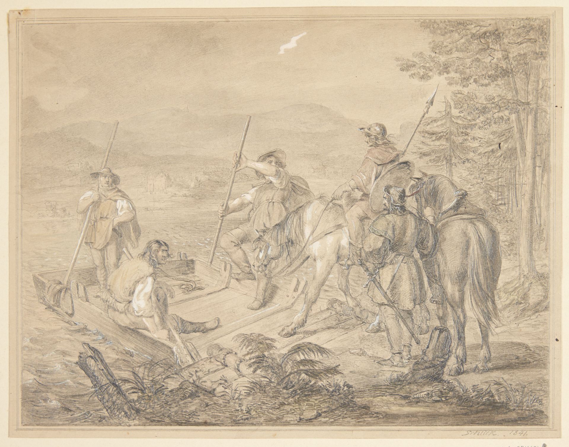 Landskab med ryttere ved en færge by Gustav Schlick