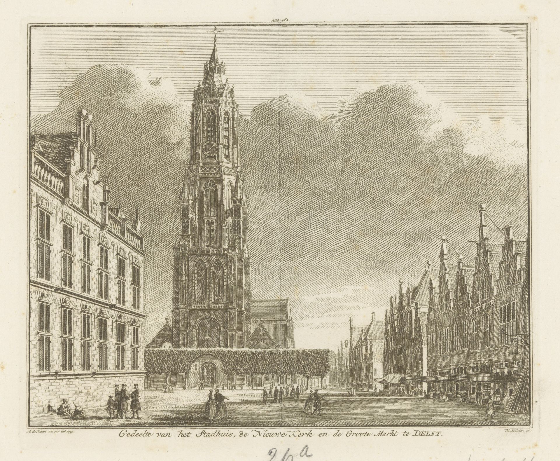 Gezicht op de Markt, het stadhuis en de Nieuwe Kerk te Delft, 1743 by Hendrik Spilman